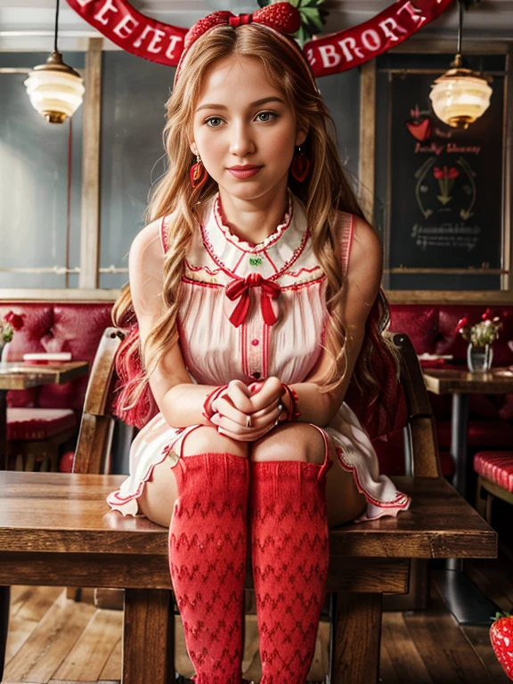 (best_quality:1.7), (hyper-realistic:1.3), 26_year_old_belgian_woman, curly_long_blonde_haired, blue_eyed, pale_skin, standing_inside_restaurant_scenery, masterpiece, highres, 8k, side_view, looking-at-viewer, smiling, (high_detail_face:1.4), eating_strawberry, wearing_strawberry_long_dress_with_strawberry_pattern, (strawberry decoration:1.5), (red ribbon:1.5), (strawberry earrings:1.5), (red knee high socks:1.5)