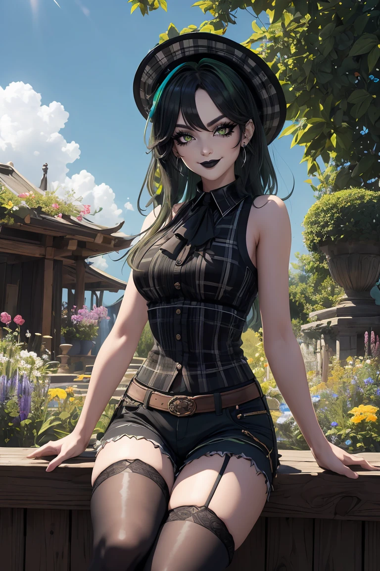 masterpiece, absurdities , (intricate details), (showy),cinematic lighting,bust shot,Extremely detailed CG unity 8k wallpaper, 1 woman, by rubio, Lime green eyes:1.4, black cloth hat, black plaid flannel,green tank top, black shorts, Gray and White Striped Thigh High Stockings, combat boots, smiling, outdoor, garden background, bright blue sky