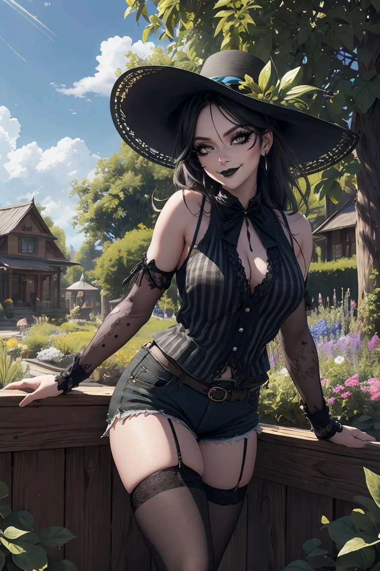 masterpiece, absurdities , (intricate details), (showy),cinematic lighting,bust shot,Extremely detailed CG unity 8k wallpaper, 1 woman, by rubio, Lime green eyes:1.4, black cloth hat, black plaid flannel,green tank top, black shorts, Gray and White Striped Thigh High Stockings, combat boots, smiling, outdoor, garden background, bright blue sky