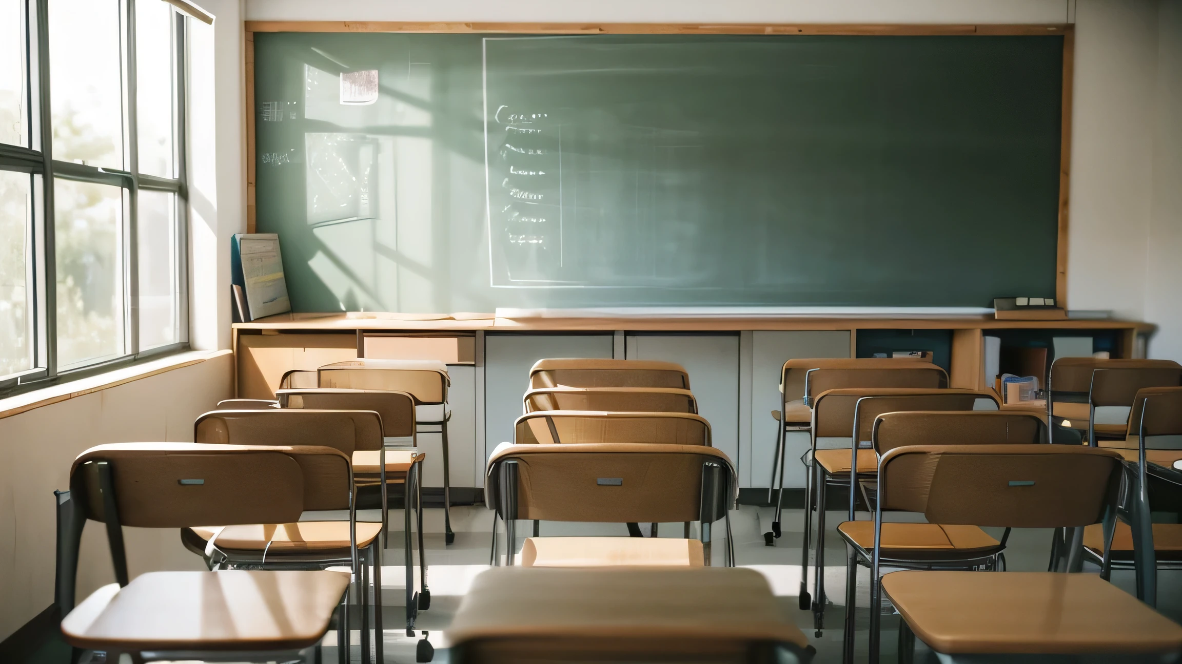 "A serene, empty classroom with neatly arranged rows of desks and chairs. A chalkboard is positioned at the front of the room. The photo is taken from the back of the classroom using a fixed 50mm lens, capturing the orderly arrangement and the quiet, still atmosphere. The overall scene conveys a sense of calm and silence."

