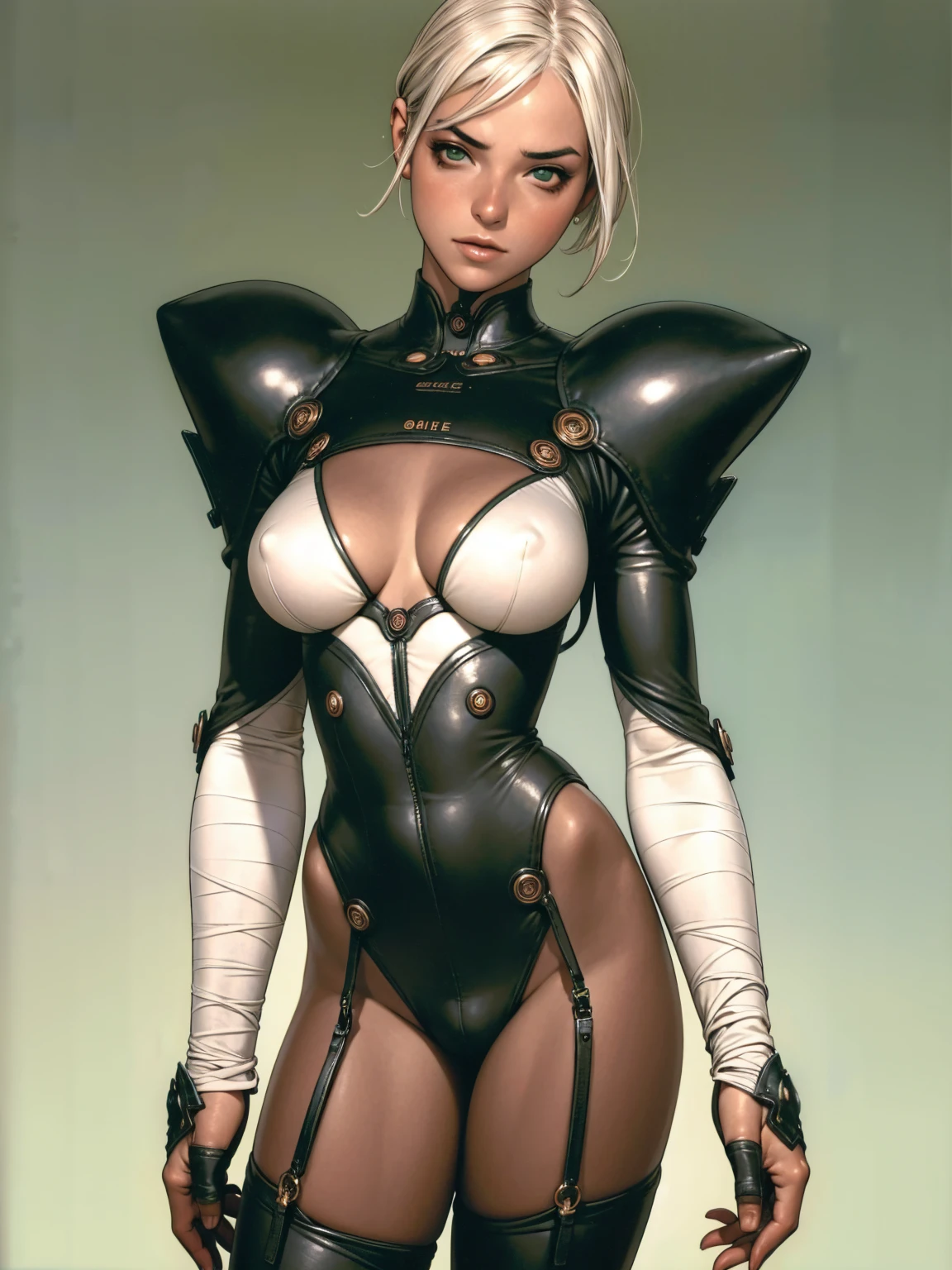 (((Annie Lennox))), ((( prostitute suit ))), (((Bandaged body))), ((high collar)), (((dark bluish green))), (((best qualityer: 1.4))), (Unbeatable masterpiece), (hiper HD),(CG 8k hyper-realistic), (((brave face))), (((breasts big))), (((hyper feminine))), sexly girl, Tron,(black bob hair)), ((( sculptural body ))), (((1 Kizi))), Kizi cibernética de 25 anos com perfectbody,,Beautiful and well-groomed face,muscular body:1.2,solid color detailed jacket, (Head to thigh photos), Complex equipment, green dark,Long pants,Tight clothes are dark,With white stars and off-white stripes,,,,,Armor Metal Electronic Parts, Poison tattoos ) INFO, Kizi, (((standing alone))), pirralha violent, ((())), sexly, pose de atitude, work of art, post-apocalypse, (((manga style))), bounty hunter, violent, Manic, the way you want, slenderbody, thin but strong, perfectbody, roupa moderna, advanced technology, neon, sleeves with vertical striped pattern, neutral background, (( cowboy shot )). intricate visual