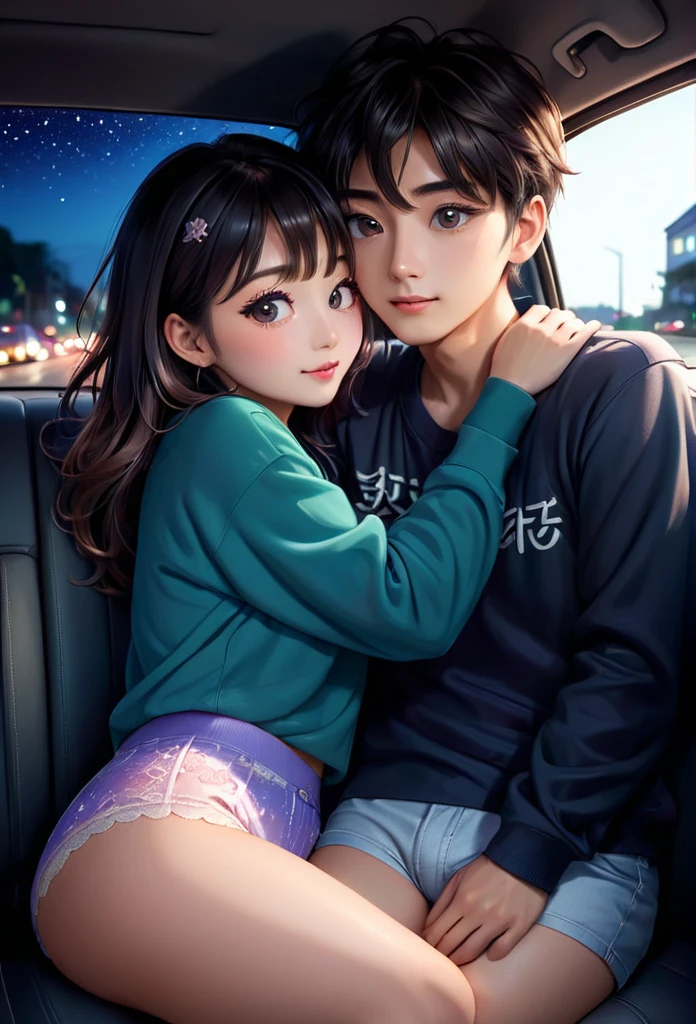 masterpiece, best quality, ultra-detailed, beautiful detailed gradient eyes, kawaii, dynamic lighting, dynamic angle, specular reflection, 1milf 45 years and 1boy 25 years old, panties, sitting in car, midnight, hug from behind, (jitome:1.5)boy hug from behind,sitting in car backseat,