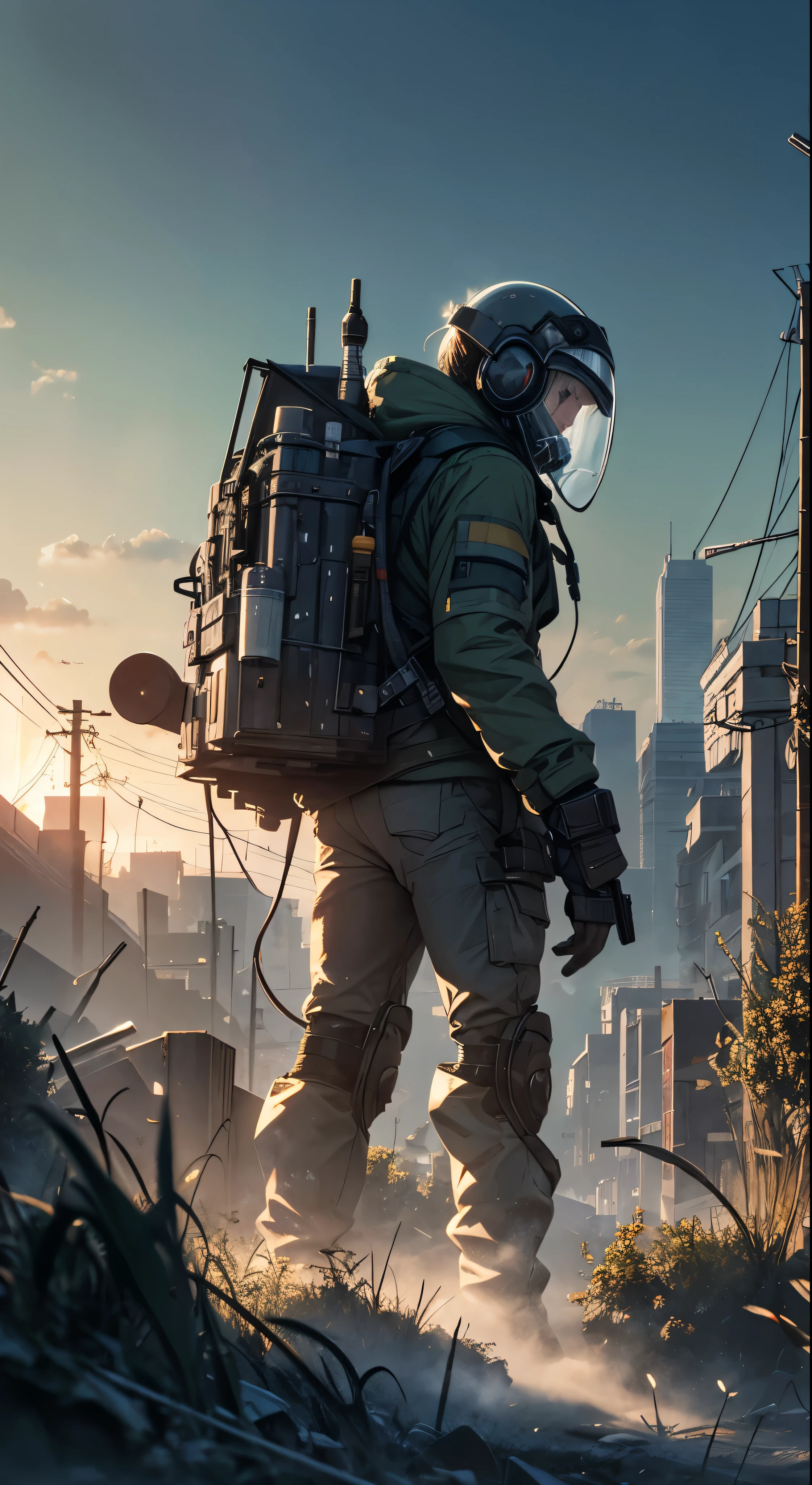 (Ultra detailed), (masterpiece), (best quality), (very detailed CG unit 8k wallpaper), a man in hazmat gas mask suit exploring abandoned city, following the road, polluted, abandoned, (green sky), neglected, dawn, concept art, (small growths of tiny shiny fungi, roots, spores, polluted air), (greenish sky), dark, post-apocalypse, cinematic, highly detailed, stylized wallpaper