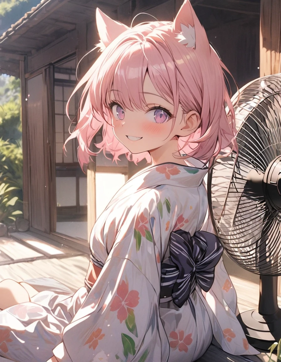 Masterpiece, old girl, Pink hair, short hair, cat ears, Smiling, Summer yukata, wear a straw hat, daytime, hair fluttering in the wind, (((sit in front of an electric fan))), ((Japanese style veranda background))