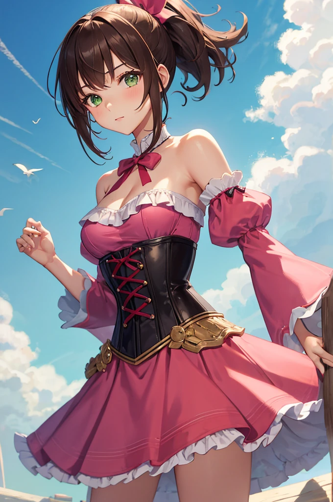 1girl, solo, cowboy shot, facing viewer, medium hair, ponytail, sidelocks, brown hair, green eyes, toned, medium breasts, pink dress, frilled dress, corset, bare shoulders, ribbon-trimmed sleeves,