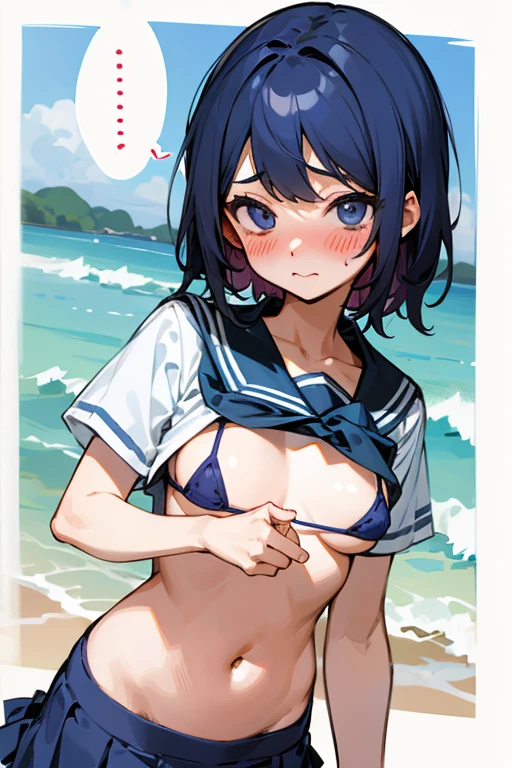 schoolgirl、Micro Bikini、Pants fall out、Blushing。