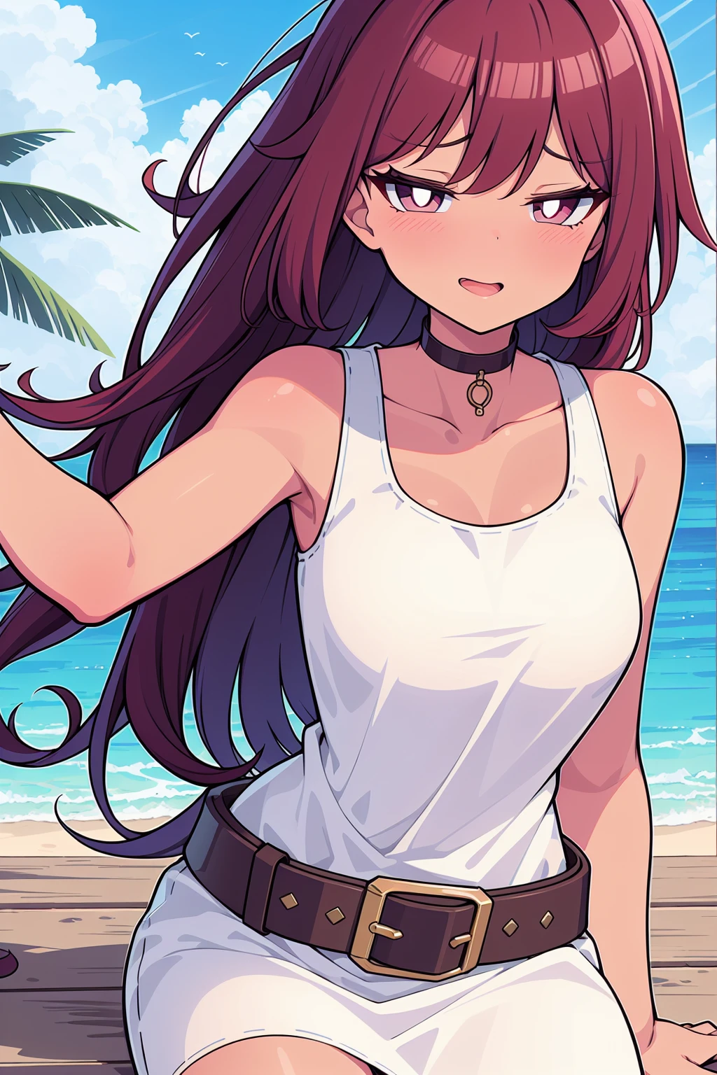 sfw, (cowboy shot), (ultra-high resolution, depth of field:1.3), 1woman, elegant, (((tan skin))) ((light red hair)), long hair, (single braid), choker, (hazel eyes:1.1), white pupils, medium breasts, (intricate white sundress), belt, confident smile, beach, nearshore, (bar)