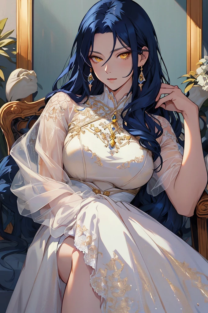 beautiful woman wearing a luxurious dress, like a princess, portrait, manhwa style, long dark blue hair, yellow eyes, lighting