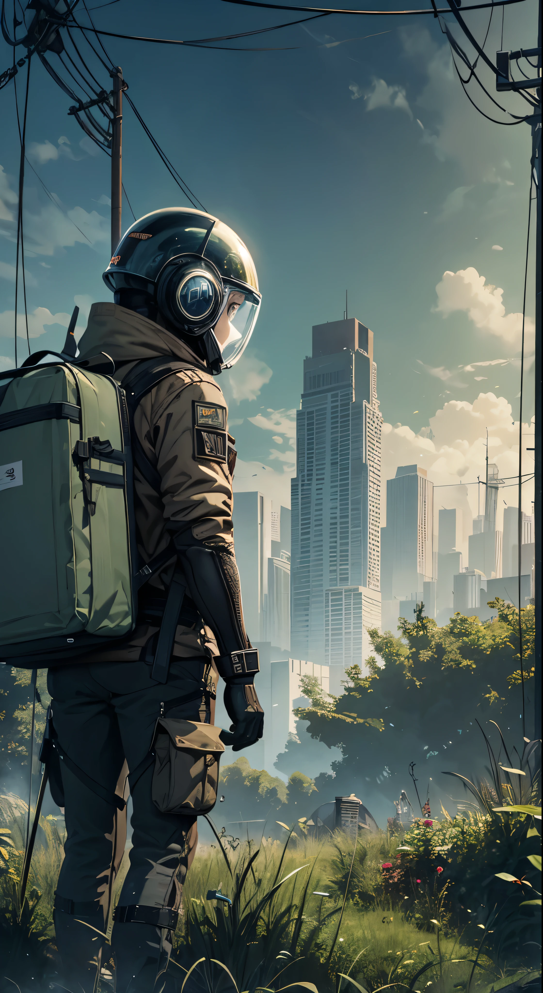 (Ultra detailed), (masterpiece), (best quality), (very detailed CG unit 8k wallpaper), a man in hazmat gas mask suit exploring abandoned city, following the road, polluted, abandoned, (green sky), neglected, dawn, concept art, (small growths of tiny shiny fungi, roots, spores, polluted air), (greenish sky), dark, post-apocalypse, cinematic, highly detailed, stylized wallpaper