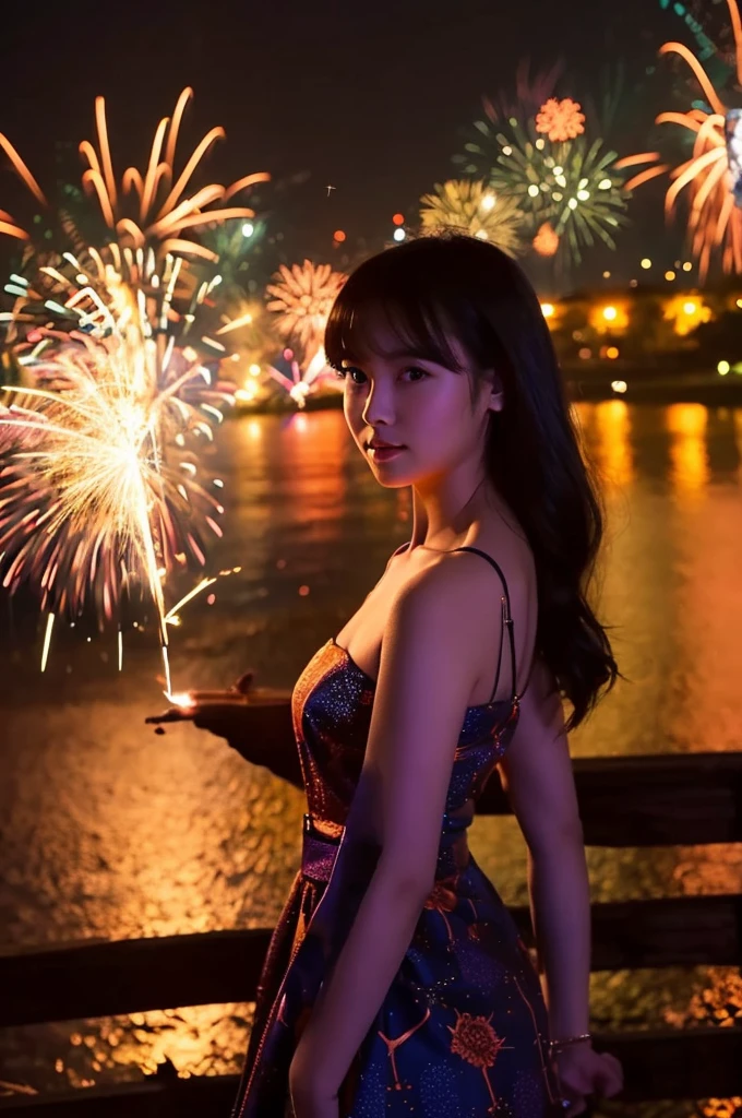 A photo of very beautiful Thai girl wearing a nice cloth dress, standing next to the river with a sparkler in hand. The atmosphere is beautiful with fireworks and colorful lights on the night of New Year's Eve..