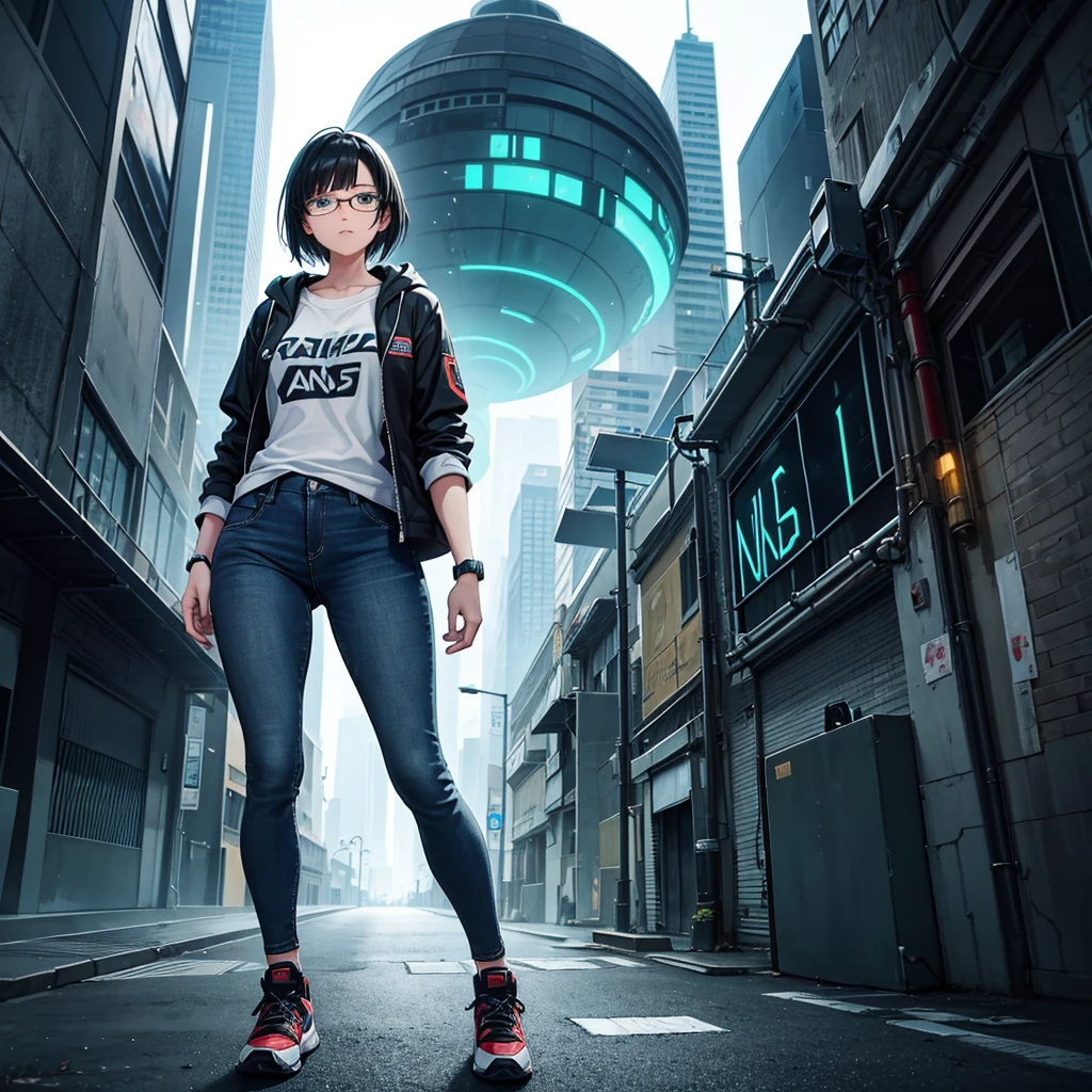 A slender and athletic 15-year-old girl with short, straight black hair and bright green eyes. She wears thin, round-framed glasses that give her an intellectual look. Her expression is thoughtful and observant, showing concentration and cunning. Dressed in functional yet modern clothing, including a hooded jacket in dark green or navy blue, a graphic T-shirt with math or science prints, and dark jeans or leggings with pockets. Sturdy short boots or sports sneakers. Carries a smartwatch on her wrist and a messenger bag filled with electronics and notebooks. Set in a post-apocalyptic environment with alien technology integrated into the landscape, surrounded by the ruins of a modern city with metallic structures and cables. The scene conveys a sense of mystery and discovery, with neon lights or holographic screens flickering in the background. Lucy is in a position of analysis, possibly investigating an alien console or solving a technological puzzle. Realistic art style, rich colors with green and blue tones. Contrasting lighting highlights her face and technological surroundings, focusing softly on her eyes and expression.