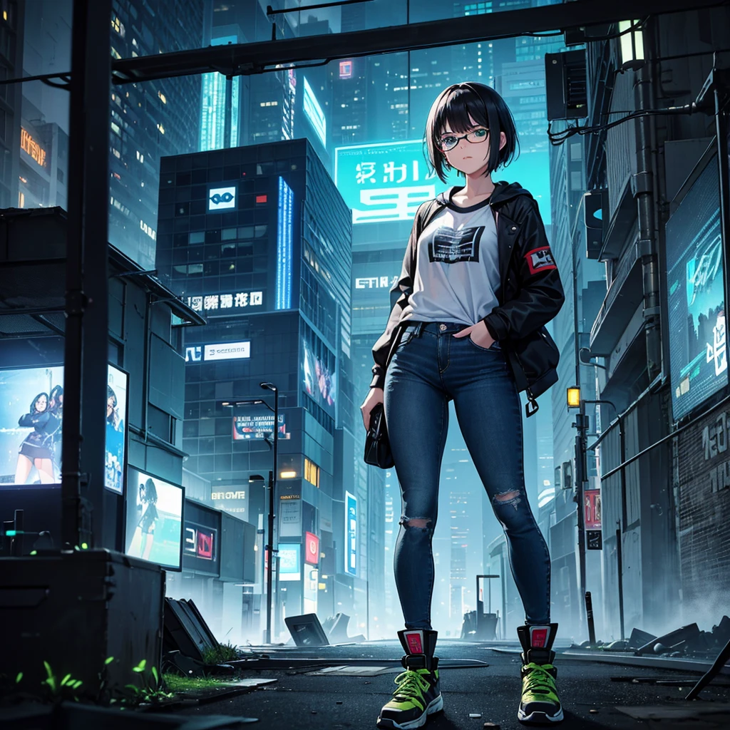 A slender and athletic 15-year-old girl with short, straight black hair and bright green eyes. She wears thin, round-framed glasses that give her an intellectual look. Her expression is thoughtful and observant, showing concentration and cunning. Dressed in functional yet modern clothing, including a hooded jacket in dark green or navy blue, a graphic T-shirt with math or science prints, and dark jeans or leggings with pockets. Sturdy short boots or sports sneakers. Carries a smartwatch on her wrist and a messenger bag filled with electronics and notebooks. Set in a post-apocalyptic environment with alien technology integrated into the landscape, surrounded by the ruins of a modern city with metallic structures and cables. The scene conveys a sense of mystery and discovery, with neon lights or holographic screens flickering in the background. Lucy is in a position of analysis, possibly investigating an alien console or solving a technological puzzle. Realistic art style, rich colors with green and blue tones. Contrasting lighting highlights her face and technological surroundings, focusing softly on her eyes and expression.