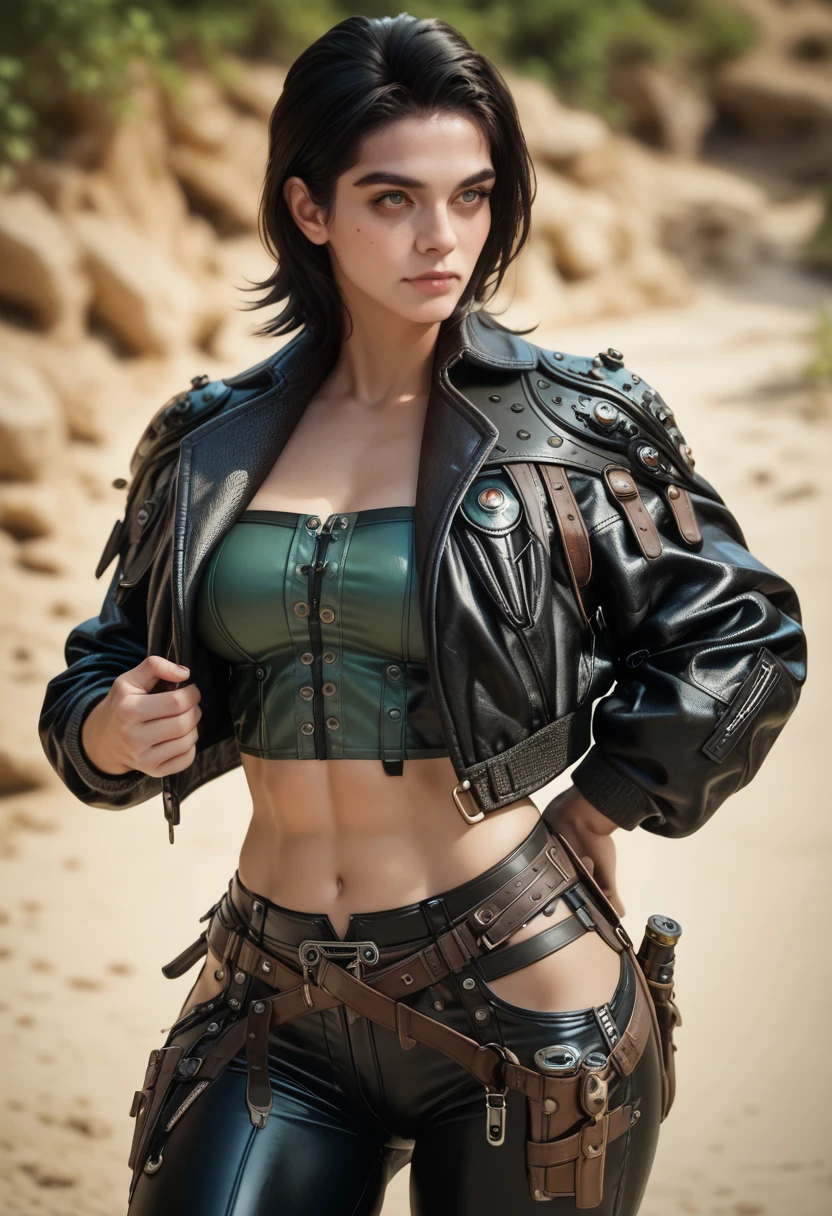 Freyna, 22 years old woman, short black hair, medium breasts, green top, black cropped jacket, black tight leather pants, blue tight track shorts, big ass, fit toned body, holsters, belts, front view, 