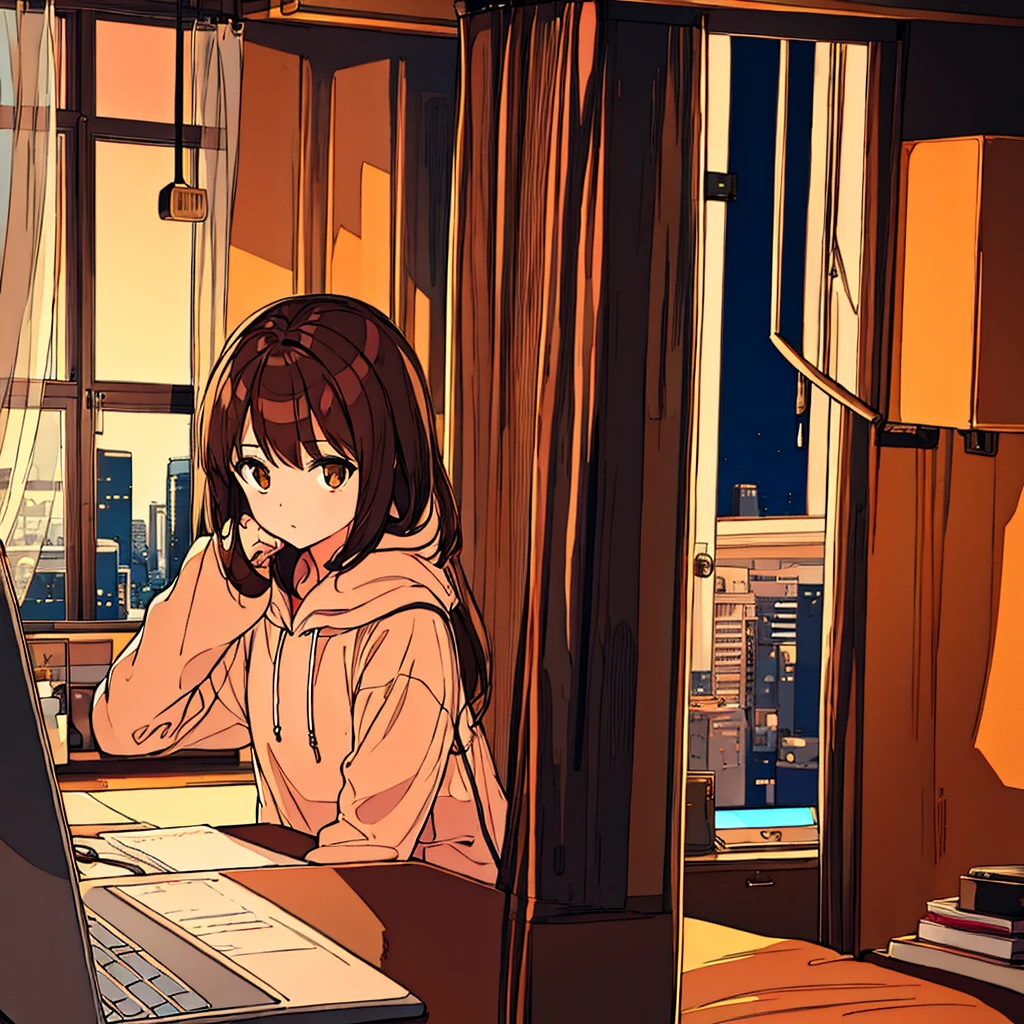 girl with brown eyes brown hair wearing a hoodie in her room, on her computer with headphones on, window by her open to a night sky with cities, late at night