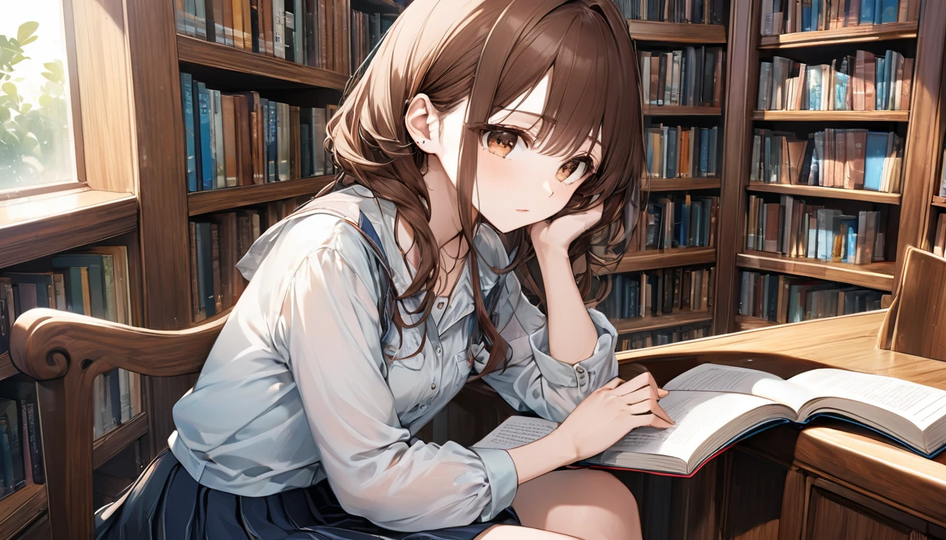 Brown-haired girl wearing headphones、Background of a scene of a man reading a book in a corner of the library：Corner expression of a library bookshelf：Concentrated reading a book expression costume：Casual skirt and blouse pose：Sitting in the corner of the bookshelf、Reading a book：The library&#39;s tranquility and knowledge
(Detailed fingers), (Emotional), (Breathtakingly beautiful), (main part:1.2 Whole body), (Anime Style), (Very detailed), (超High resolution, High resolution), (8k), (Complex and beautiful: 1.2)
