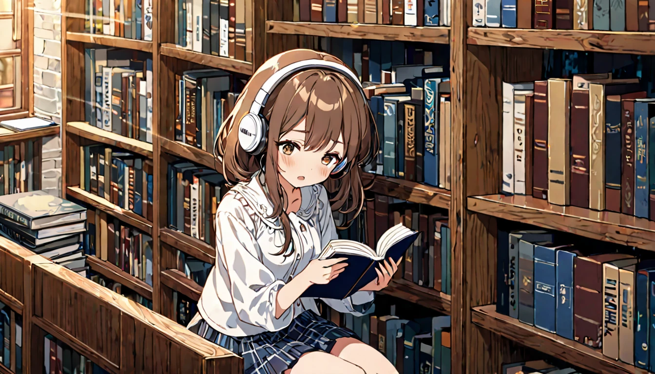 Brown-haired girl wearing headphones、Background of a scene of a man reading a book in a corner of the library:Corner expression of a library bookshelf:Concentrated reading a book expression costume:Casual skirt and blouse pose:Sitting in the corner of the bookshelf、Reading a book:The library's tranquility and knowledge
(Detailed fingers), (Emotional), (Breathtakingly beautiful), (main part:1.2 Whole body), (Anime Style), (Very detailed), (超High resolution, High resolution), (8k), (Complex and beautiful: 1.2)