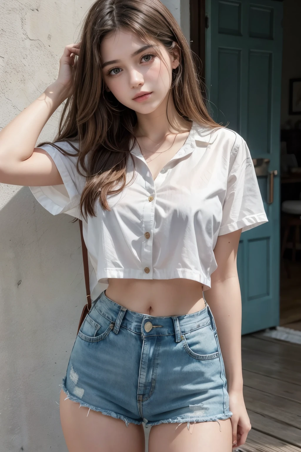 Beautiful 18-year-old brunette girl wearing a blouse with one hand on her waist and the other hand on her head and wearing short, high-waisted denim shorts with four buttons on the front and her belly button showing