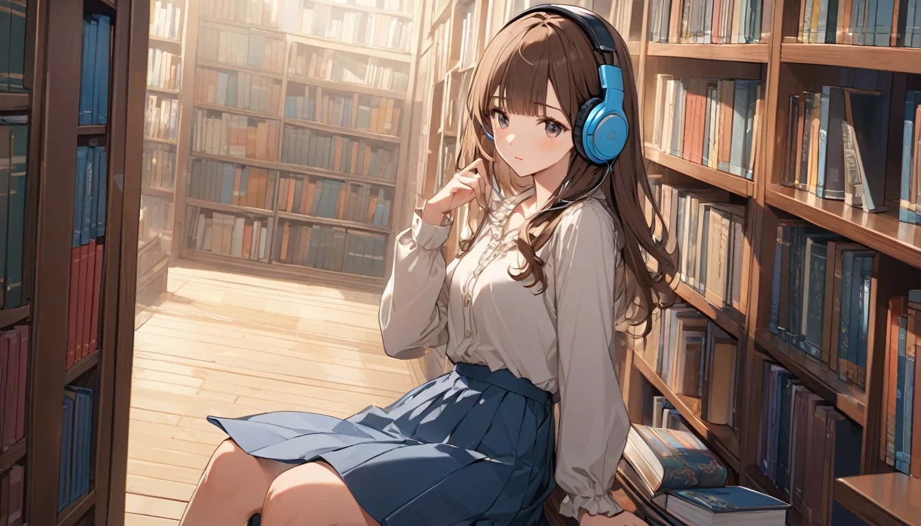 Brown-haired girl wearing headphones、Background of a scene of a man reading a book in a corner of the library：Corner expression of a library bookshelf：Concentrated reading a book expression costume：Casual skirt and blouse pose：Sitting in the corner of the bookshelf、Reading a book：The library&#39;s tranquility and knowledge
(Detailed fingers), (Emotional), (Breathtakingly beautiful), (main part:1.2 Whole body), (Anime Style), (Very detailed), (超High resolution, High resolution), (8k), (Complex and beautiful: 1.2)
