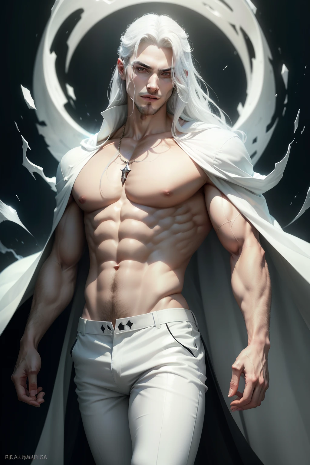 (8k,uploadsrrealista uploads Maximum quality;1.4) (ung boy) Super handsome king of the underworld (lifelike face) (long hair, white platinum hair) slenderbody Muscular and macho White aristocratic top suit with big white eyes white decoration Fangs peeking out of the mouth Pointed claws a seductive gaze Beautiful expression A hyper-realistic (King of the Underworld) appealing (real looking skin) super high resolution high détail Luxurious white pants White aura emanating from the body effect white robe