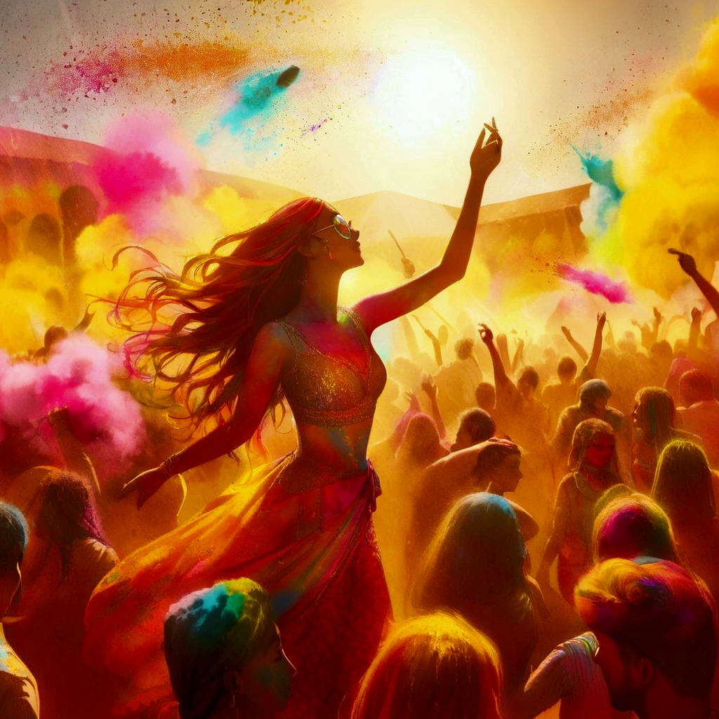 a woman in a dress dancing in a crowd of people with colored powder, festival of rich colors, holi festival of rich color, colorful crowd, colourful explosion, an explosion of colors, explosion of colors, colorful hd picure, color explosion, explosion of color, with beautiful colors, full of colors, colorful image, colorful picture, lots of colors, colourfull