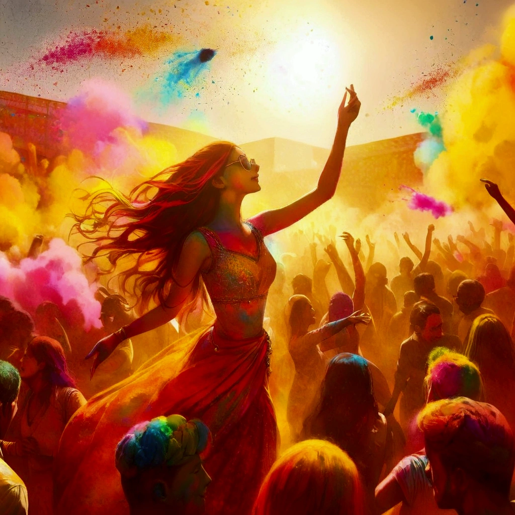 a woman in a dress dancing in a crowd of people with colored powder, festival of rich colors, holi festival of rich color, colorful crowd, colourful explosion, an explosion of colors, explosion of colors, colorful hd picure, color explosion, explosion of color, with beautiful colors, full of colors, colorful image, colorful picture, lots of colors, colourfull