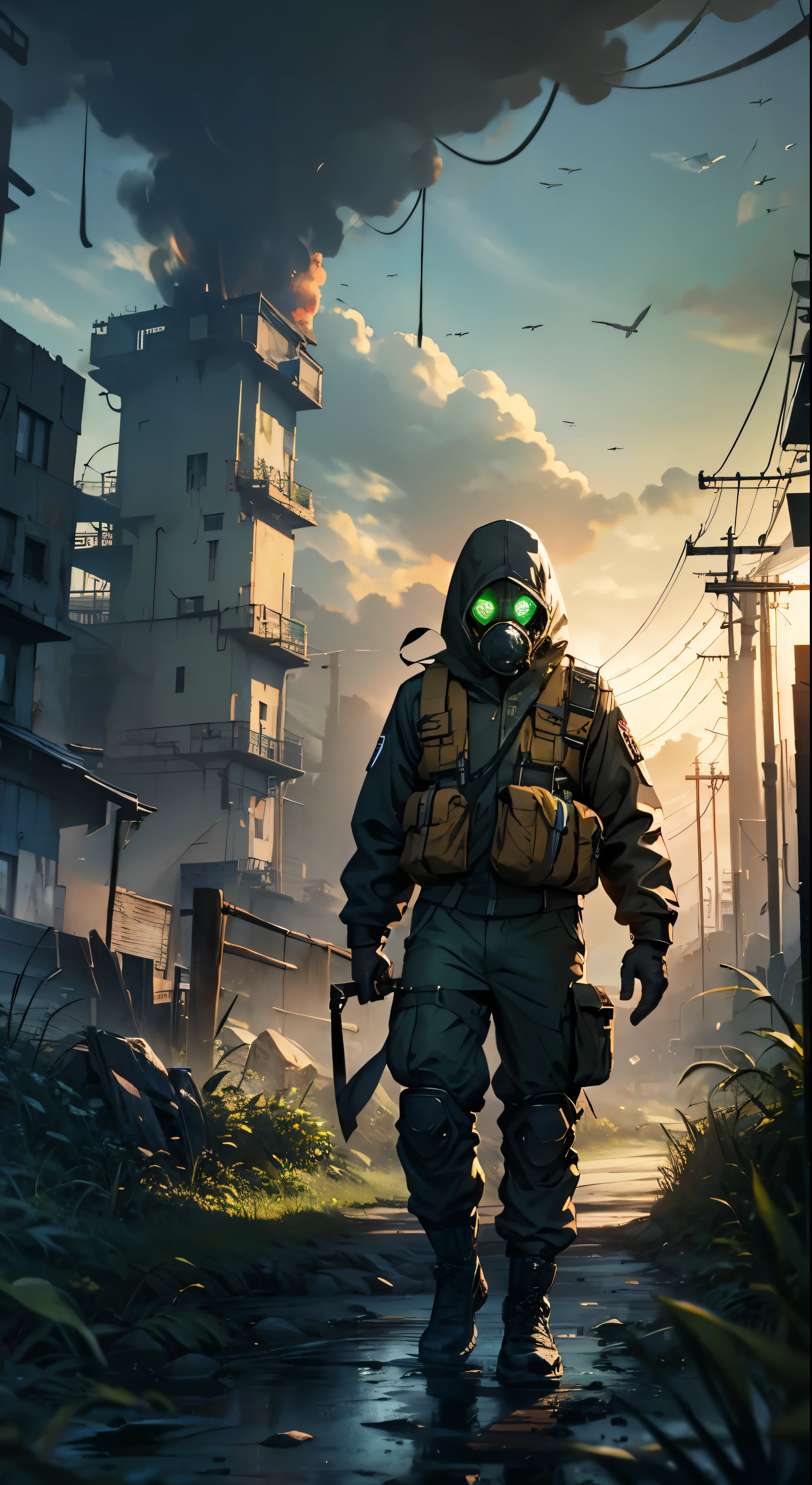 (Ultra detailed), (masterpiece), (best quality), (very detailed CG unit 8k wallpaper), a man in hazmat gas mask suit exploring abandoned city, following the road, polluted, abandoned, (green sky), neglected, dawn, concept art, (small growths of tiny shiny fungi, roots, spores, polluted air), (greenish sky), dark, post-apocalypse, cinematic, highly detailed, stylized wallpaper