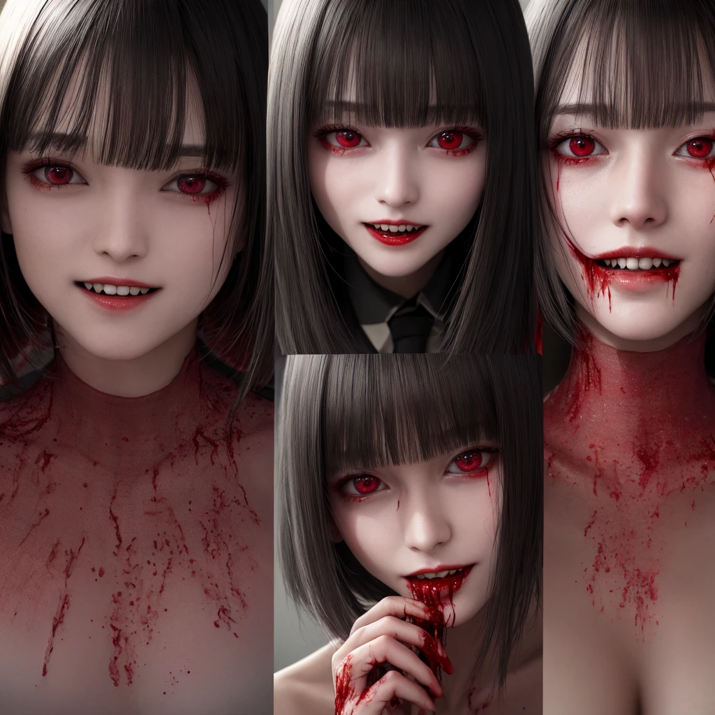 ((best quality)), ((highly detailed)), masterpiece, absurdres, detailed face, beautiful face, (1girl), yandere trance, yandere, hands on own face, hands on own cheeks, creepy, shaded face, Messy bangs, short messy hair, black hair, red eyes, fangs, smiling, breasts, dark lighting, blood，whole body，face full of blood，sharp teeth，panoramic，Transparent Clothes，Background of horror，scary atmosphere