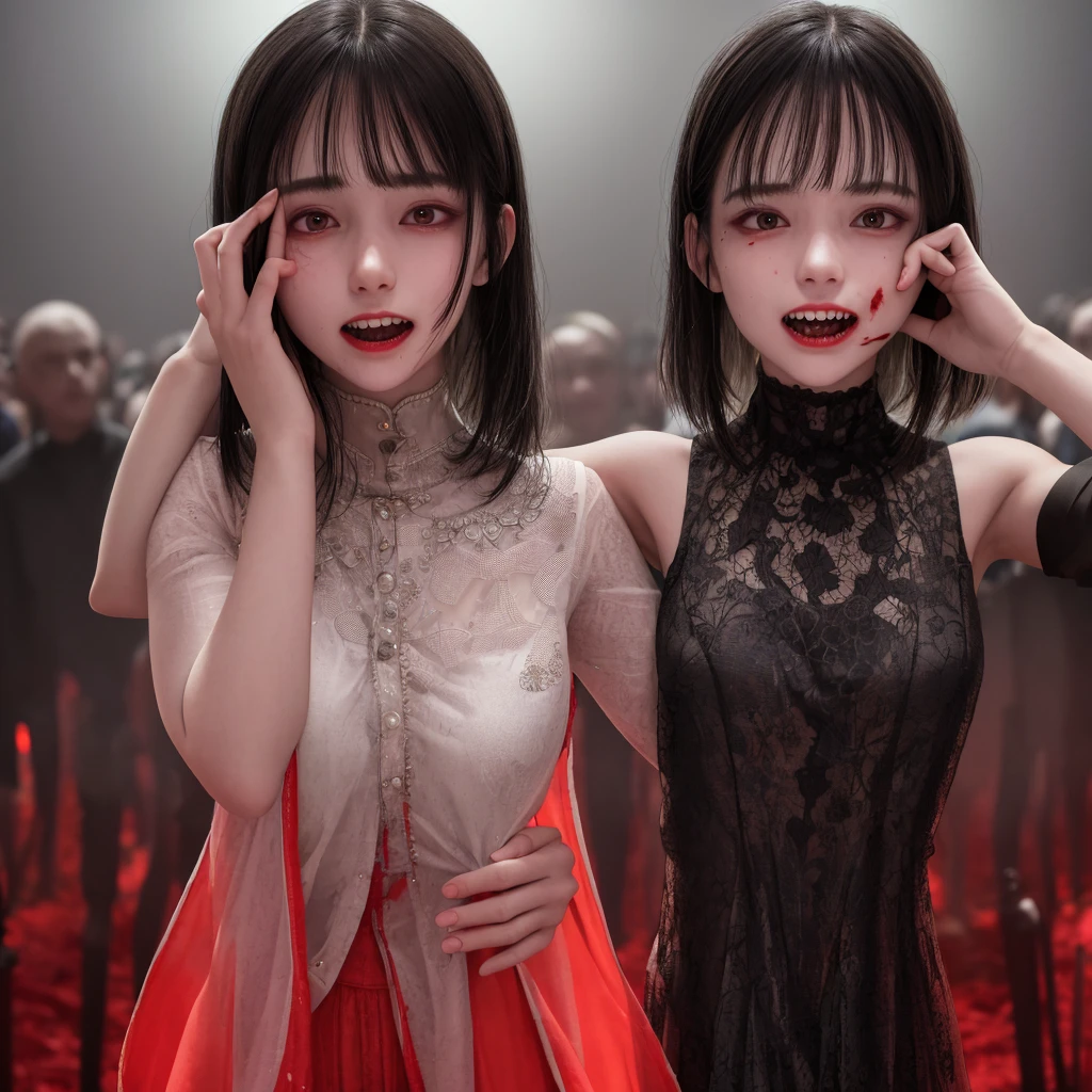 ((best quality)), ((highly detailed)), masterpiece, absurdres, detailed face, beautiful face, (1girl), yandere trance, yandere, hands on own face, hands on own cheeks, creepy, shaded face, Messy bangs, short messy hair, black hair, red eyes, fangs, smiling, breasts, dark lighting, blood,whole body,face full of blood,sharp teeth,panoramic,Transparent Clothes,Background of horror,scary atmosphere