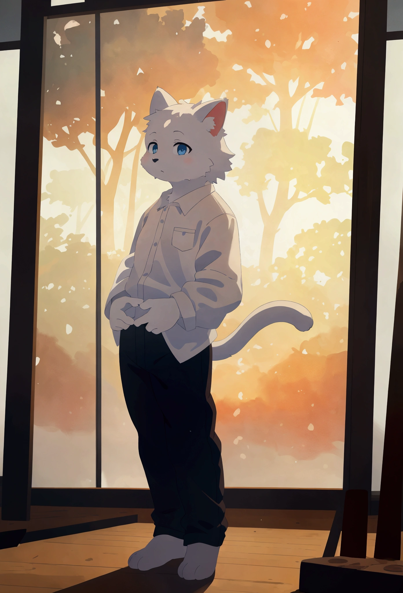 (kemono, white fur, white shirt, pants, cat ears, standing, blue eyes, watercolor, by Hasui Kawase, detailed background, detailed foreground, best quality, 4k, 8k, highres, masterpiece:1.2, ultra-detailed, realistic, photorealistic:1.37, HDR, UHD, studio lighting, ultra-fine painting, sharp focus, physically-based rendering, extreme detail description, professional, vivid colors, bokeh)