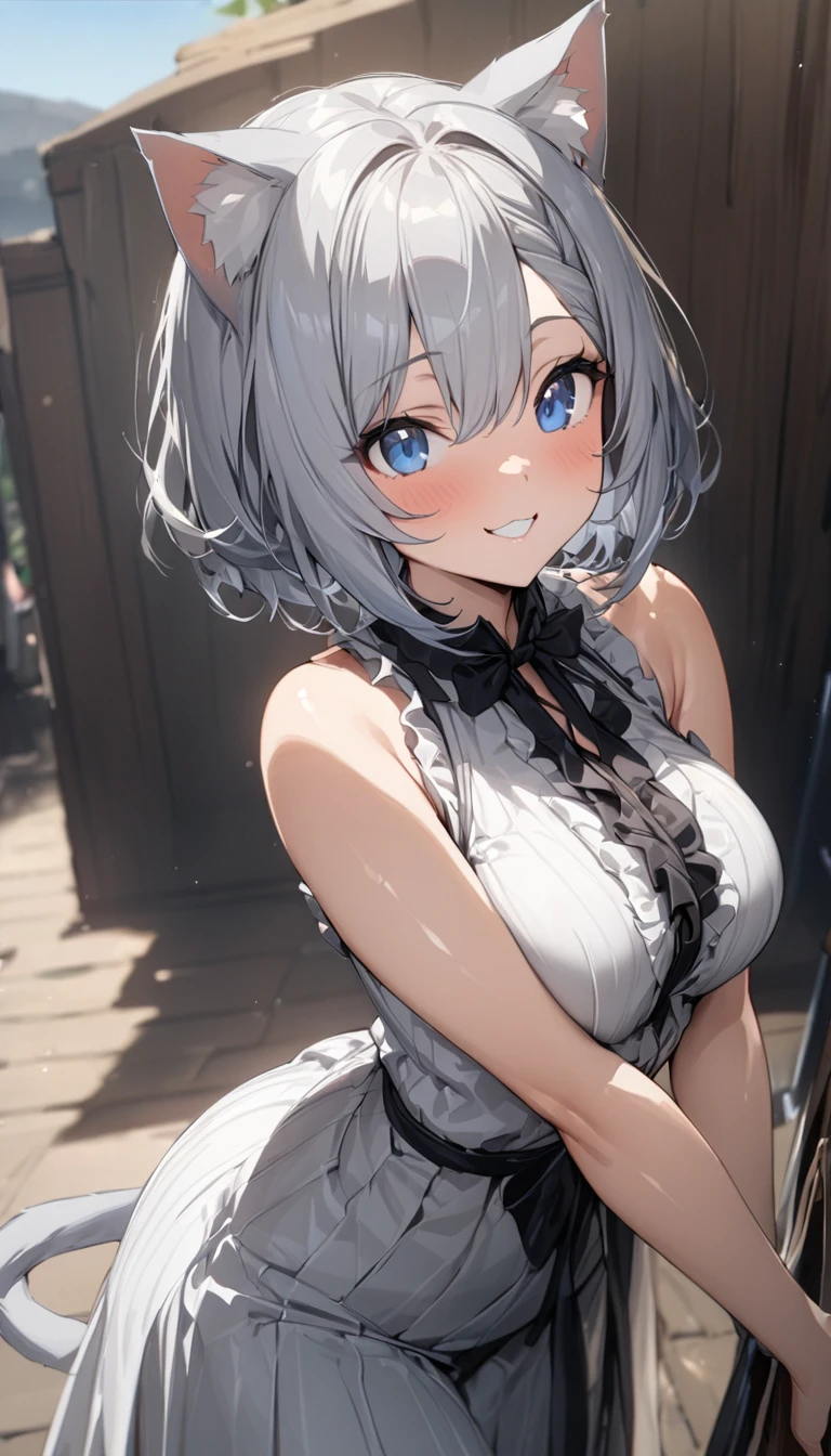 silver bob hair, 1 girl, (((best quality)), ((masterpiece)), (details), masterpiece, best quality, high quality, super detailed, perfect face, ((1 girl, Blue eyes, Cat ears: 1.3 silver bob: 2.5,)),Shiny Hair、Shiny skin、smile、Alluring expression、Lustful、Sleeveless frilled shirt、Black Ribbon、Tight long skirt、sunny、