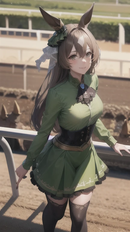 masterpiece, best quality, ultra-detailed, glistening shiny, glowing light, ray tracing, HDR, deph of field, (perfect face, detailed face, detailed eyes,perfect hands,perfect fingers), 8k,HD,ultra realistic face,ray tracing,perfect lighting,best quality, ultra-detailed,
looking at viewer, blush, smile, aasato, long hair, half updo, braid, hair between eyes, animal ears, ear ornament, horse tail, breasts, frills, black ascot, green dress, (sleeves past wrists:1.2), black thighhighs, (horse race track:1.5), running, crowd,
