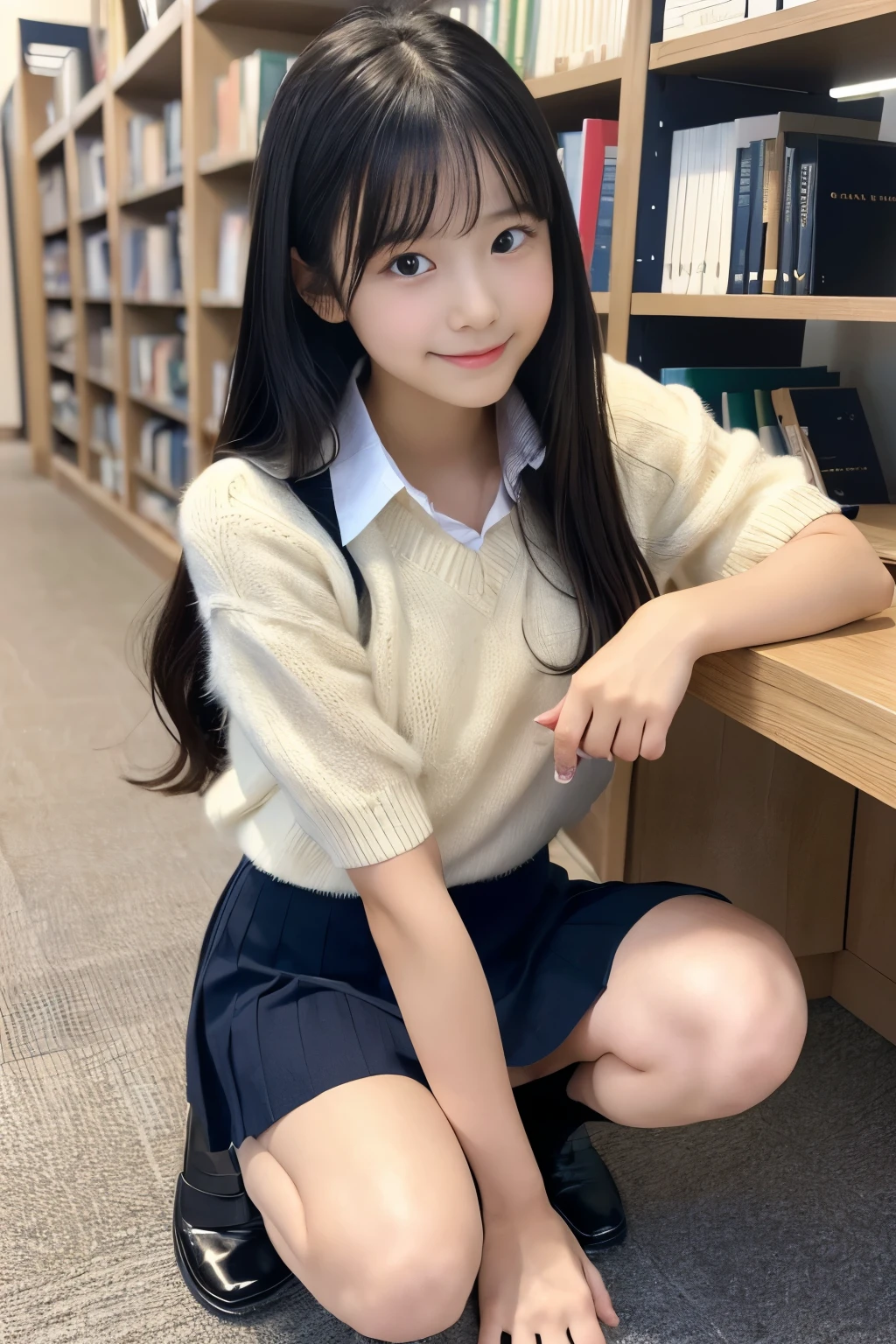 (((masterpiece))), (((Full body photo)))， (Beautiful Japanese Girl, Innocence，cute) ，Ultra-high resolution, Realistic, Ultra-detailed, 8k,Highest quality, Very detailed, Detailed Background,Slender,とてもBeautiful Japanese Girl, Detailed face:1.3), (Fluffy long hair,Black-haired :1.4), (Baby Face，cute系,Adorable 12 year old girl), (Perfect body:1.1),，Cute Smile:、show me your beautiful teeth、非常にDetailed face、Detailed lips、Detailed eyes、 gravure idol，Clear Skin、Realistic:1.37，No makeup，Neutral lighting,(Highest quality, masterpiece), (One girl, alone, school uniform,Navy blue jumper skirt,,Are standing , View your viewers, Beautiful clavicle、have a paperback book、Mouth closed, Upper Body),(at the library)