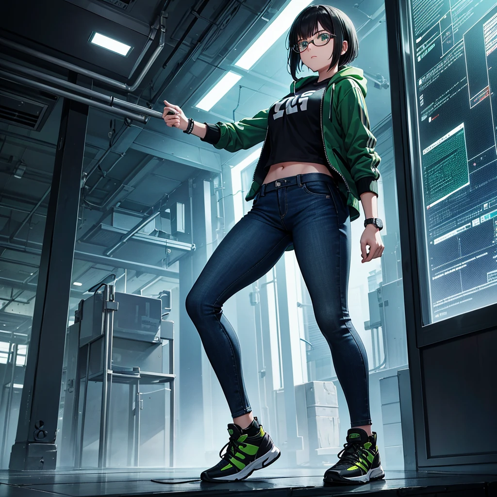 A slender and athletic with short, straight black hair and bright green eyes. She wears thin, round-framed glasses that give her an intellectual look. Her expression is thoughtful and observant, showing concentration and cunning. Dressed in functional yet modern clothing, including a hooded jacket in dark green or navy blue, a graphic T-shirt with math or science prints, and dark jeans or leggings with pockets. Sturdy short boots or sports sneakers. Carries a smartwatch on her wrist and a messenger bag filled with electronics and notebooks. Set in a post-apocalyptic environment with alien technology integrated into the landscape, surrounded by the ruins of a modern city with metallic structures and cables. The scene conveys a sense of mystery and discovery, with neon lights or holographic screens flickering in the background. Lucy is in a position of analysis, possibly investigating an alien console or solving a technological puzzle. Realistic art style, rich colors with green and blue tones. Contrasting lighting highlights her face and technological surroundings, focusing softly on her eyes and expression.