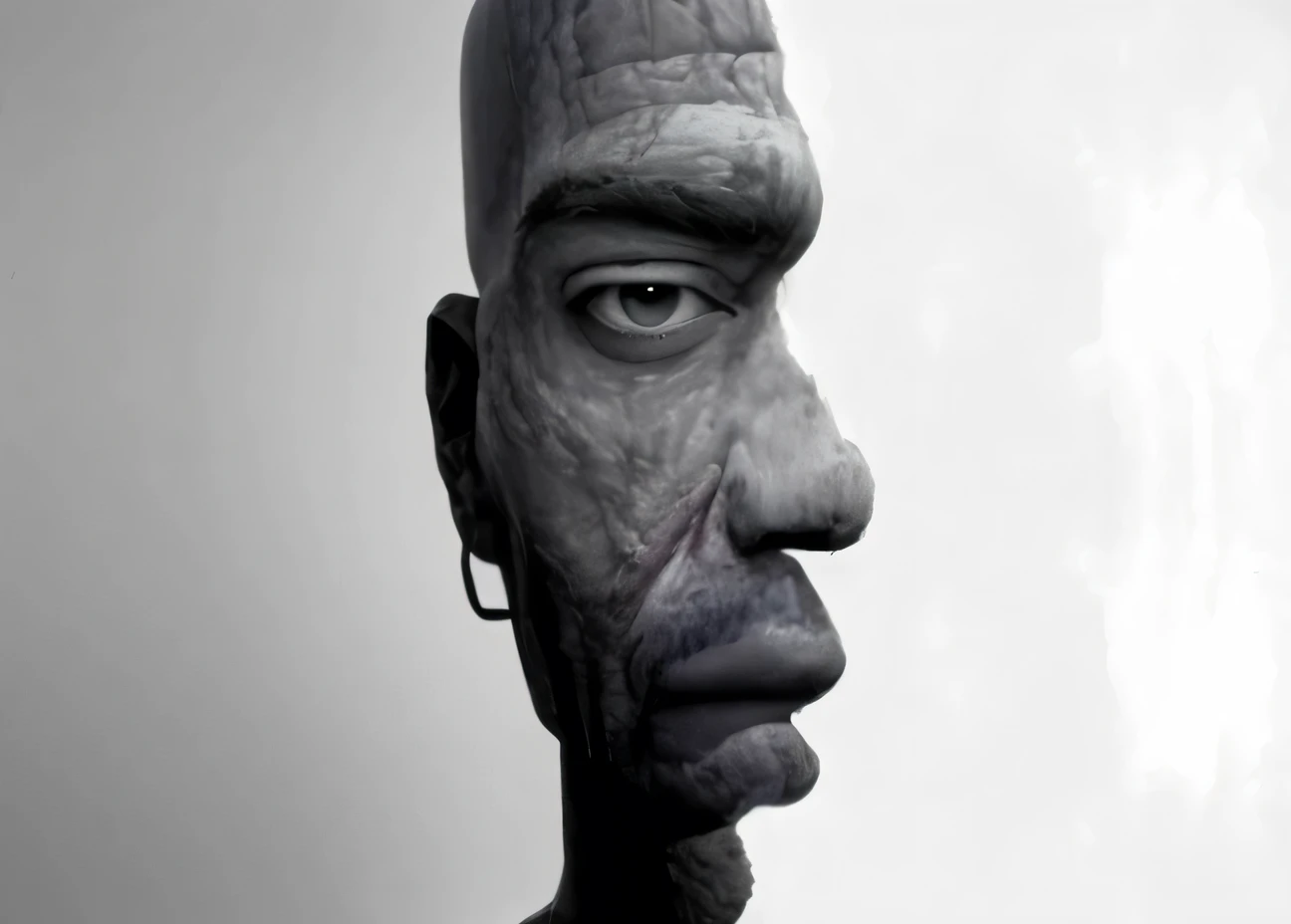 A closeup of a man with a bald head, Frown lines on the forehead and a tie, confusing optical illusion, surreal!!!, illusion surreal art, metade rosto humano, rosto hiper realista, rostos hiperrealistas, Rosto hiper-realista, surrealismo!!!!, Rosto hiper detalhado, rostos hiper detalhados, morfologia da face, Hyper - Rosto detalhado, realista surreal, optical illusion art, rostos hiper realistas, face hiperdetalhada