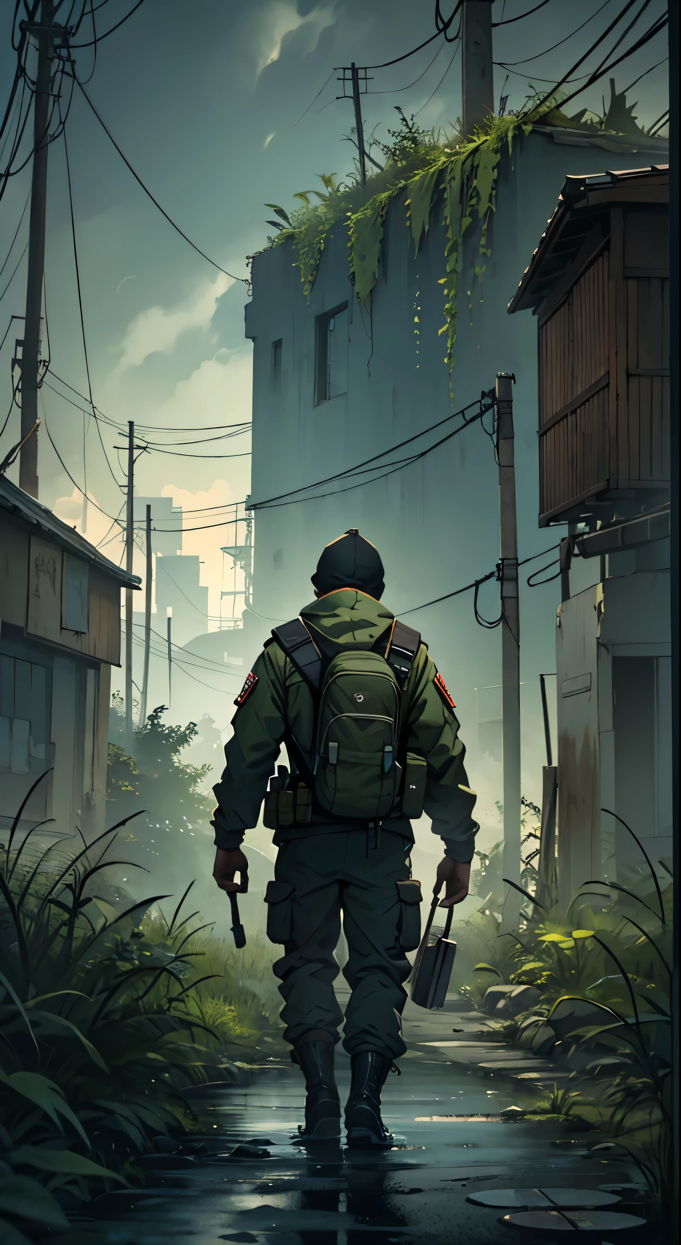 (Ultra detailed), (masterpiece), (best quality), (very detailed CG unit 8k wallpaper), a man in hazmat gas mask suit exploring abandoned city, following the road, polluted, abandoned, (green sky), neglected, dawn, concept art, (small growths of tiny shiny fungi, roots, spores, polluted air), (greenish sky), dark, post-apocalypse, cinematic, highly detailed, stylized wallpaper