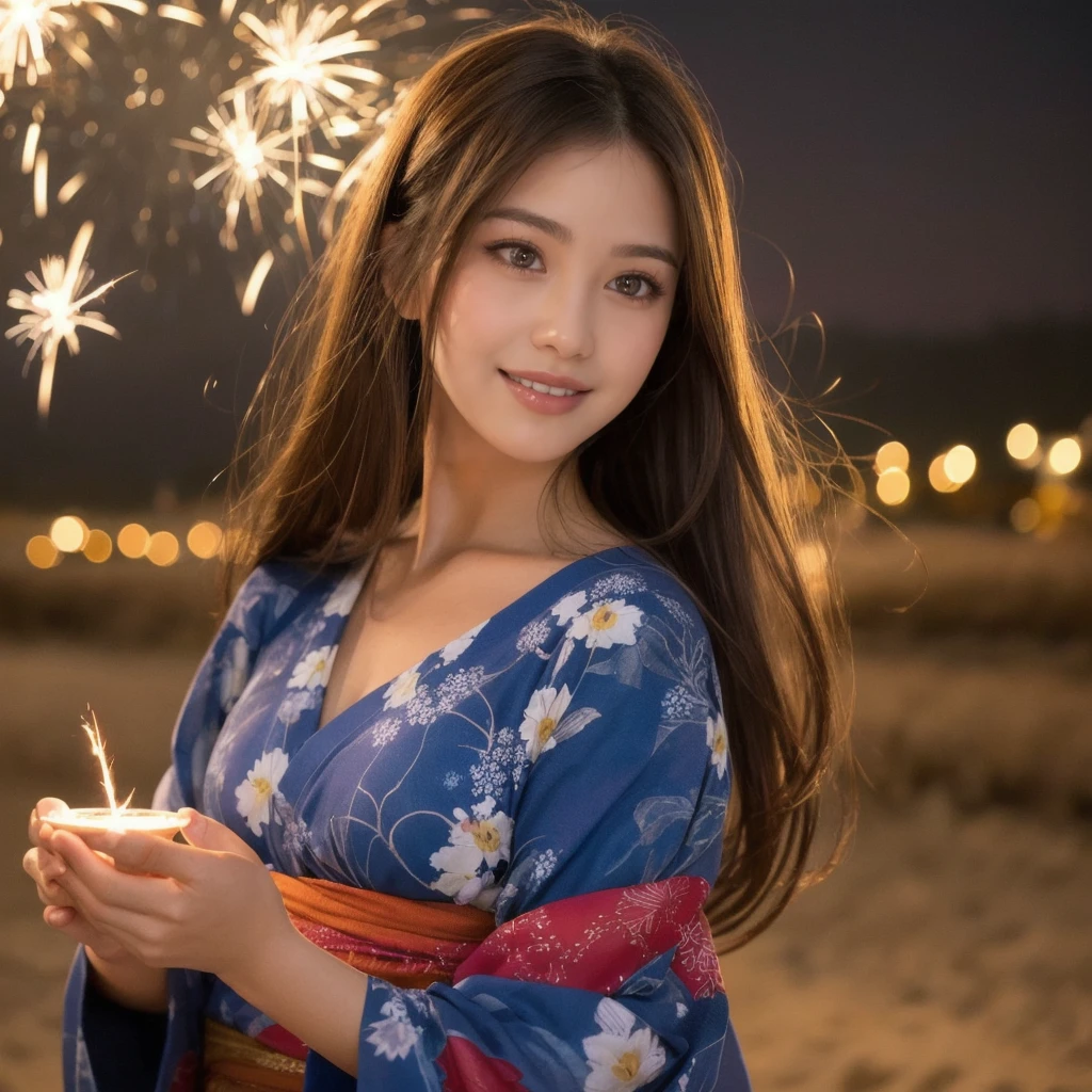 (“solo” Detailed and realistic portrait of a beautiful young Asian woman。She has long light brown hair and big light brown eyes. )A beautiful woman with her hair up, wearing a vibrant yukata, holds a sparkler in her hand under the night sky. The light from the sparkler softly illuminates her face, highlighting her charming smile. The background exudes the quiet ambiance of a summer night, with distant fireworks audible in the distance.