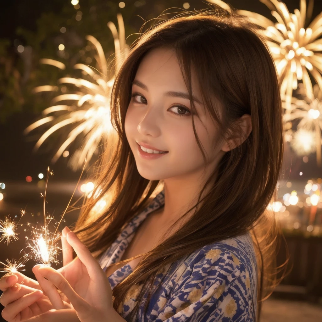 (“solo” Detailed and realistic portrait of a beautiful young Asian woman。She has long light brown hair and big light brown eyes. )A beautiful woman with her hair up, wearing a vibrant yukata, holds a sparkler in her hand under the night sky. The light from the sparkler softly illuminates her face, highlighting her charming smile. The background exudes the quiet ambiance of a summer night, with distant fireworks audible in the distance.