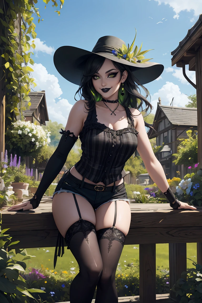 masterpiece, absurdities , (intricate details), (showy),cinematic lighting,bust shot,Extremely detailed CG unity 8k wallpaper, 1 woman, by rubio, Lime green eyes:1.4, black cloth hat, black plaid flannel,green tank top, black shorts, Gray and White Striped Thigh High Stockings, combat boots, smiling, outdoor, garden background, bright blue sky