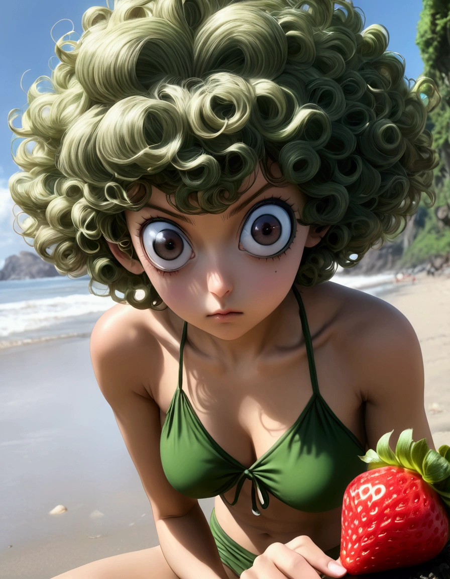 One Punch Man Tatsumaki (hyper realistic, age 17, big eyes, sexy 2 piece bikini) looking disappointed at viewer, holding one strawberry. beach, japan