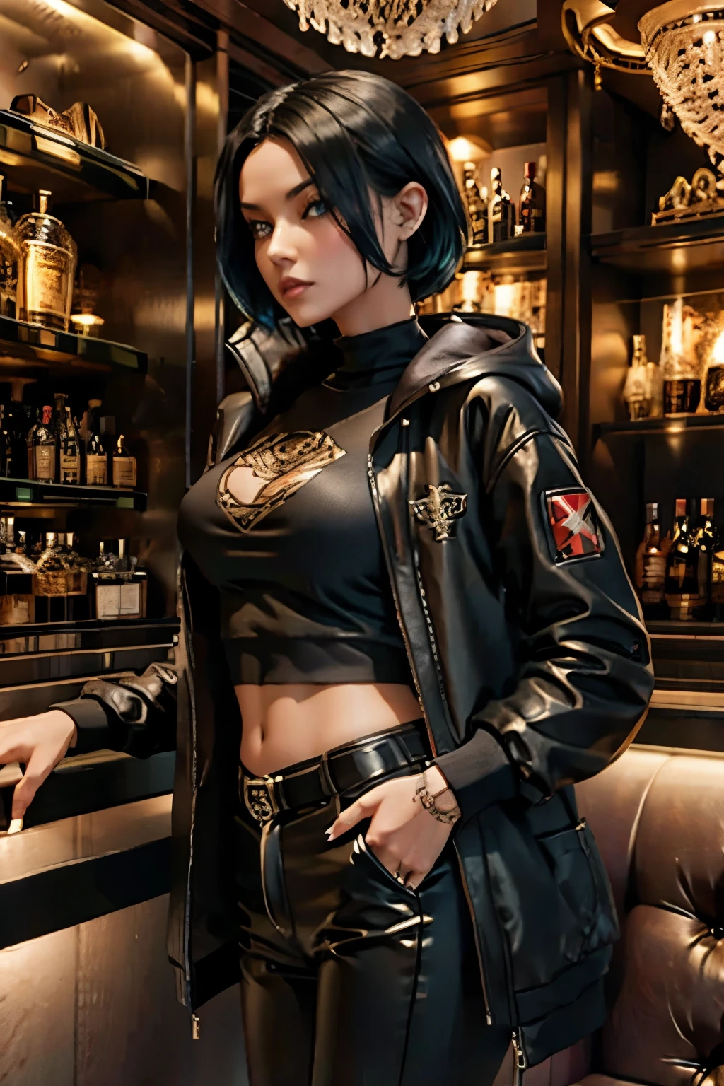 (pixelart: 1.2), beautiful gothic women, sexy goth girl, designer sweatshirt coat with logos, pants, short black hair with blue tips, bedroom, lying in bed, (by Isaac quek: 0.8) [by Ilya Kuvshinov: 0.65] in a Gentleman's club 
