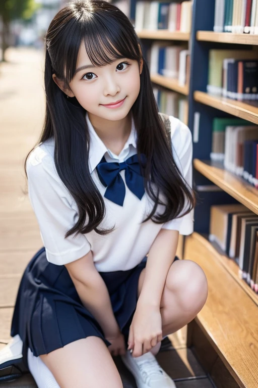 (((masterpiece))), (((Full body photo)))， (Beautiful Japanese Girl, Innocence，cute) ，Ultra-high resolution, Realistic, Ultra-detailed, 8k,Highest quality, Very detailed, Detailed Background,Slender,とてもBeautiful Japanese Girl, Detailed face:1.3), (Fluffy long hair,Black-haired :1.4), (Baby Face，cute系,Adorable 12 year old girl), (Perfect body:1.1),，Cute Smile:、show me your beautiful teeth、非常にDetailed face、Detailed lips、Detailed eyes、 gravure idol，Clear Skin、Realistic:1.37，No makeup，Neutral lighting,(Highest quality, masterpiece), (One girl, alone, school uniform,Navy blue jumper skirt,,Are standing , View your viewers, Beautiful clavicle、have a paperback book、Mouth closed, Upper Body),(at the library)