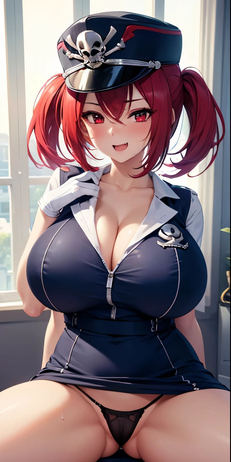 1 Female,High definition,high resolution,Ultra-realistic,8K, 1girl, solo, red hair, red eyes, twintails, employee uniform, pencil skirt, skull print, navy cap, fang, white gloves,European,sexy,Upper body close-up,Photographed from the front,Dynamic Angles,blush, big tits , happy, wink the eye,facial, sweat,(wide thighs:1.4),(black panties),(show panties),(spread legs),(cameltoe),huge tits