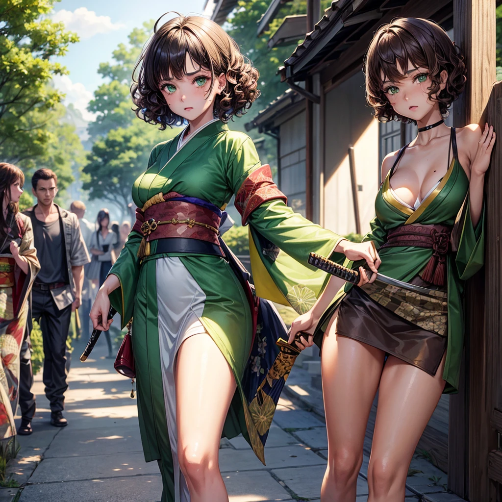 light skin girl, green eyes, short hair, Brown hair, curly hair, moles on the face, dressed provocatively, with a katana in hand. crying, walking. Looking at a fixed point. kimono.