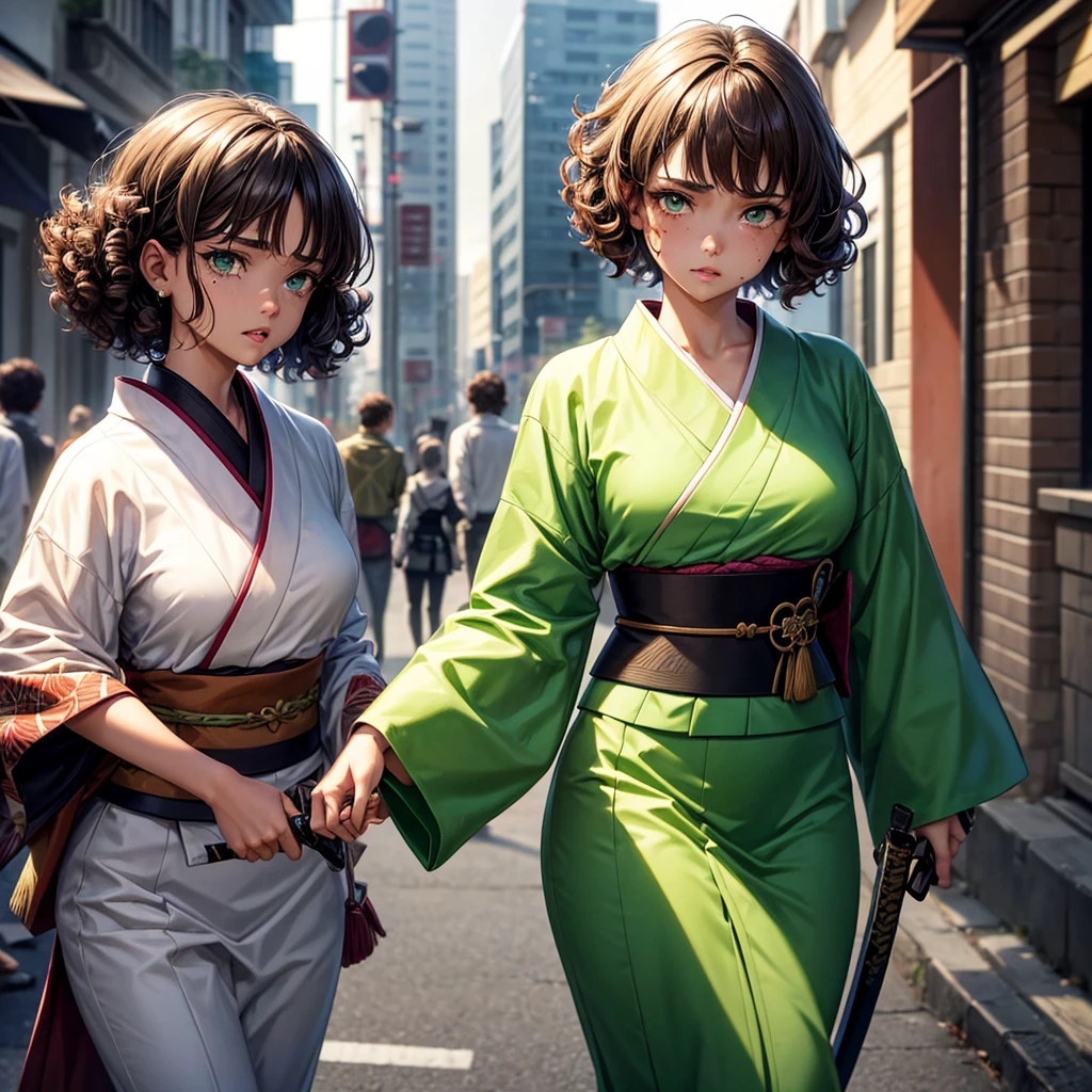 light skin girl, green eyes, short hair, Brown hair, curly hair, moles on the face, dressed provocatively, with a katana in hand. crying, walking. Looking at a fixed point. kimono.
