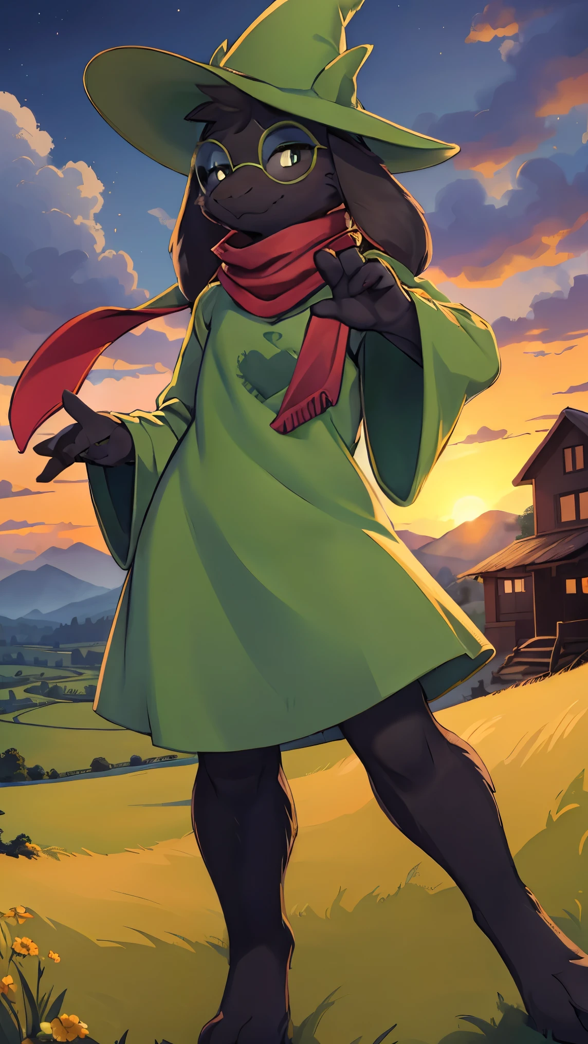 uploaded on e621, ((by Reysi)), (((Ralsey))), (goat), (Red scarf, green robe, green wizard hat, green glasses), smile, (pose:1.3), (Posing:1.3), (Soft shading), 4k, in an orange field with a town in the distance at sunset
