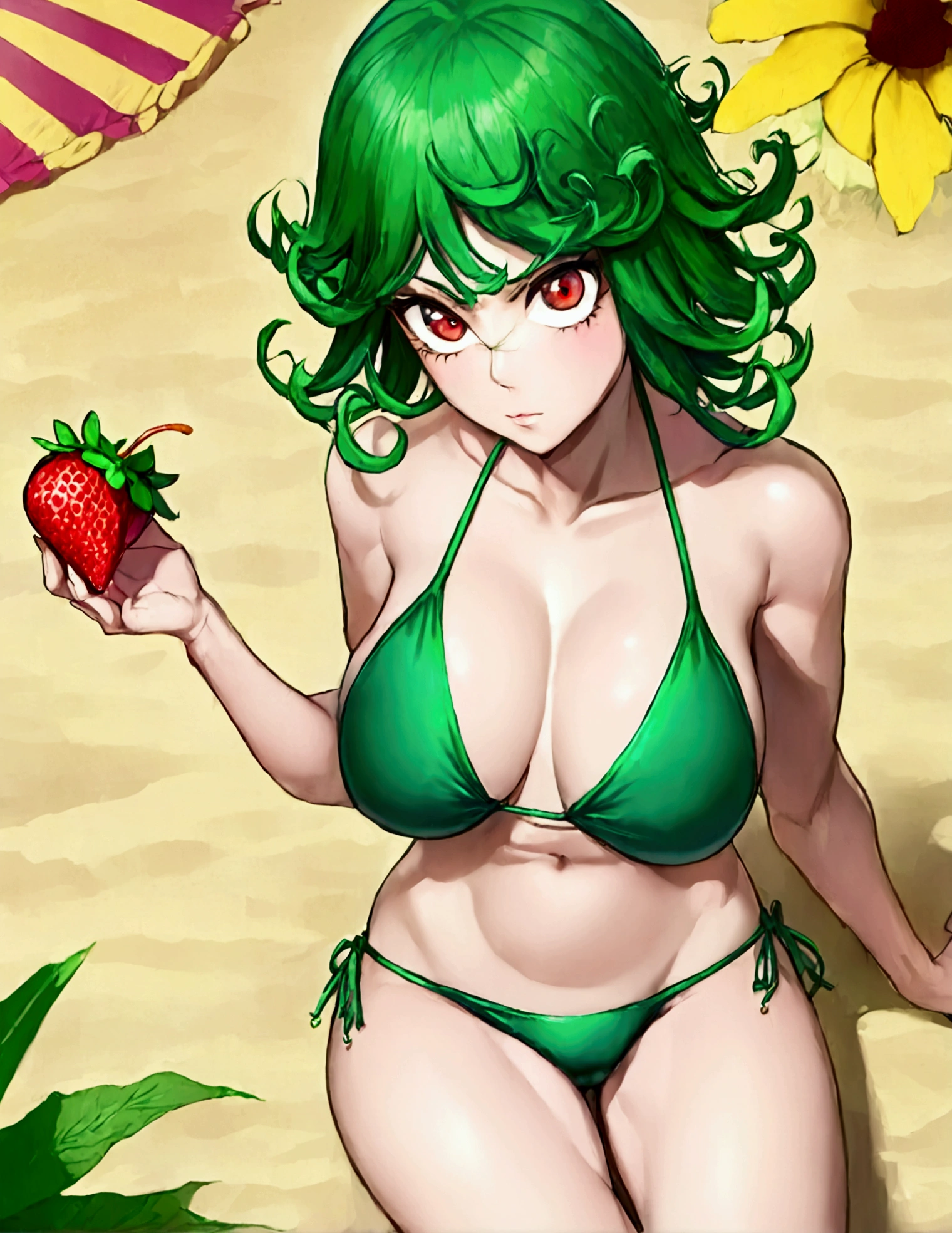 One Punch Man Tatsumaki (hyper realistic, age 17, big eyes, sexy 2 piece bikini) looking disappointed at viewer, holding one strawberry. beach, japan
