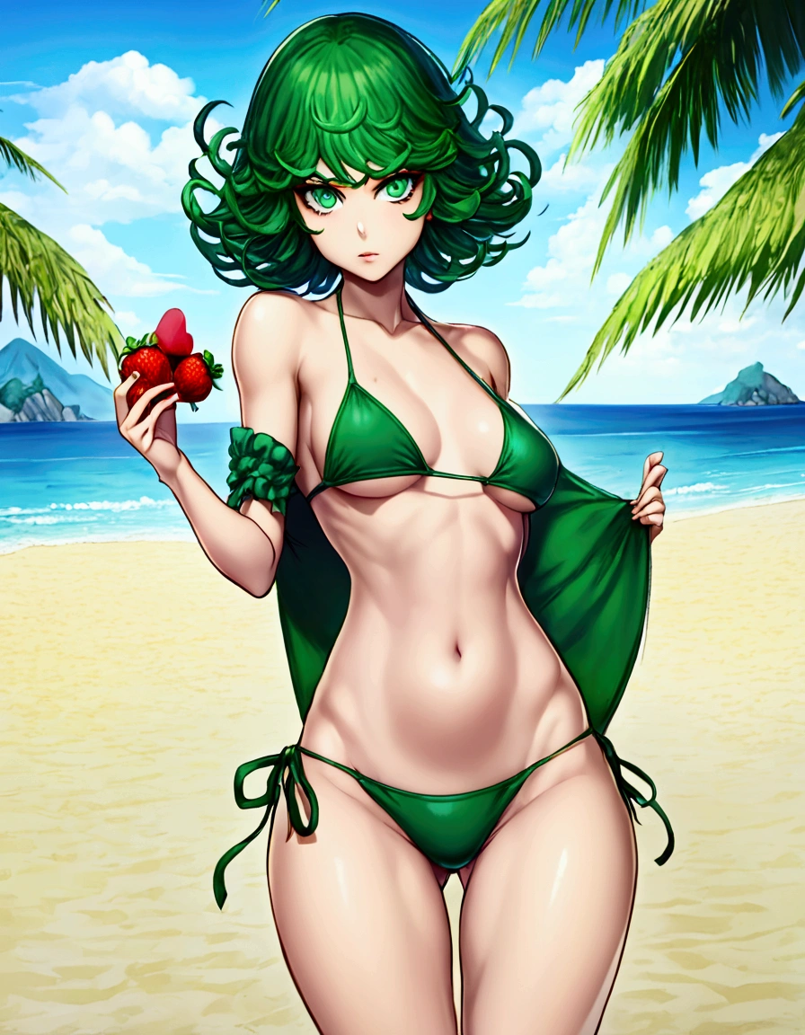 One Punch Man Tatsumaki (hyper realistic, , big eyes, sexy 2 piece bikini) looking disappointed at viewer, holding one strawberry. beach, japan
