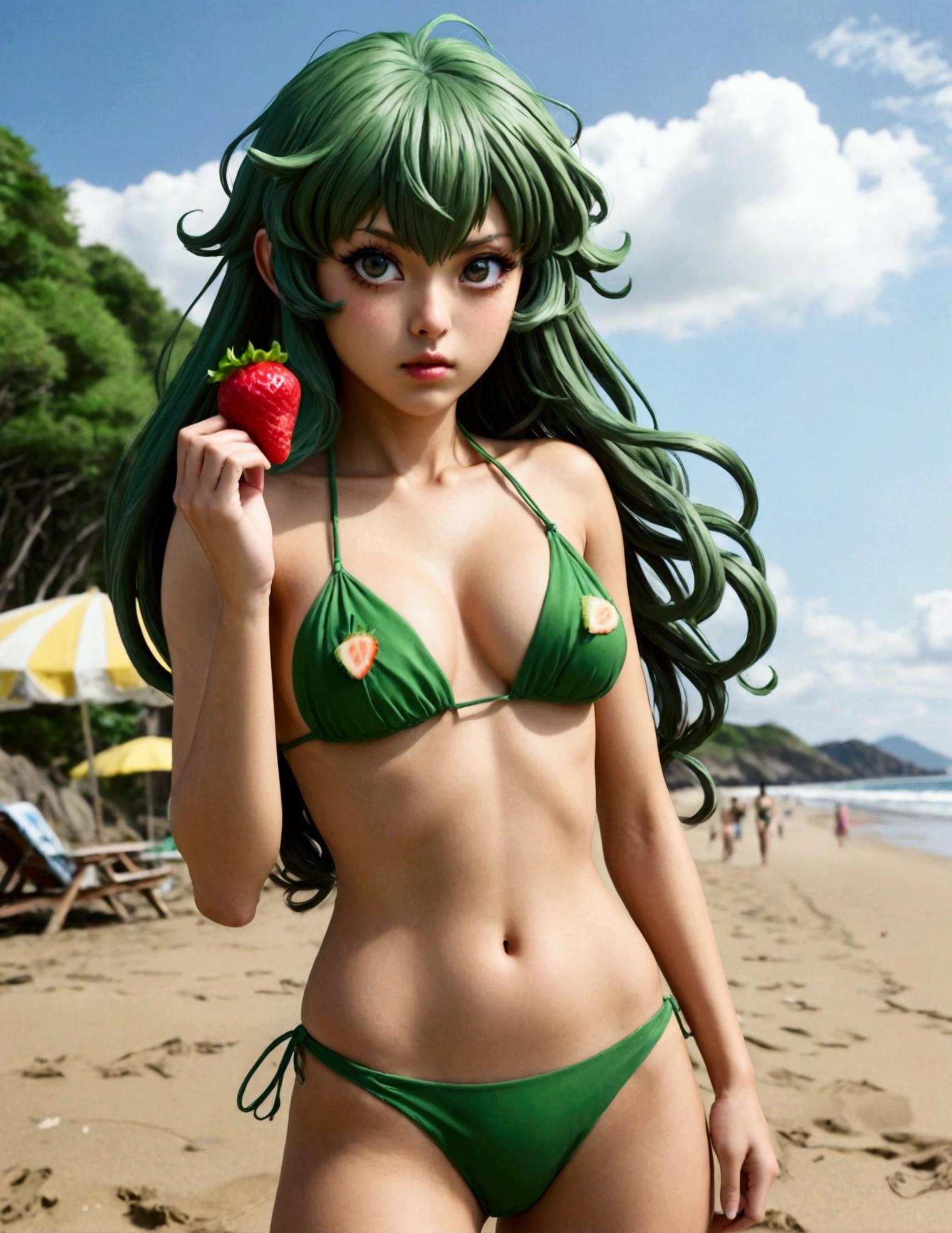 One Punch Man Tatsumaki (hyper realistic, age 17, big eyes, sexy 2 piece bikini) looking disappointed at viewer, holding one strawberry. beach, japan
