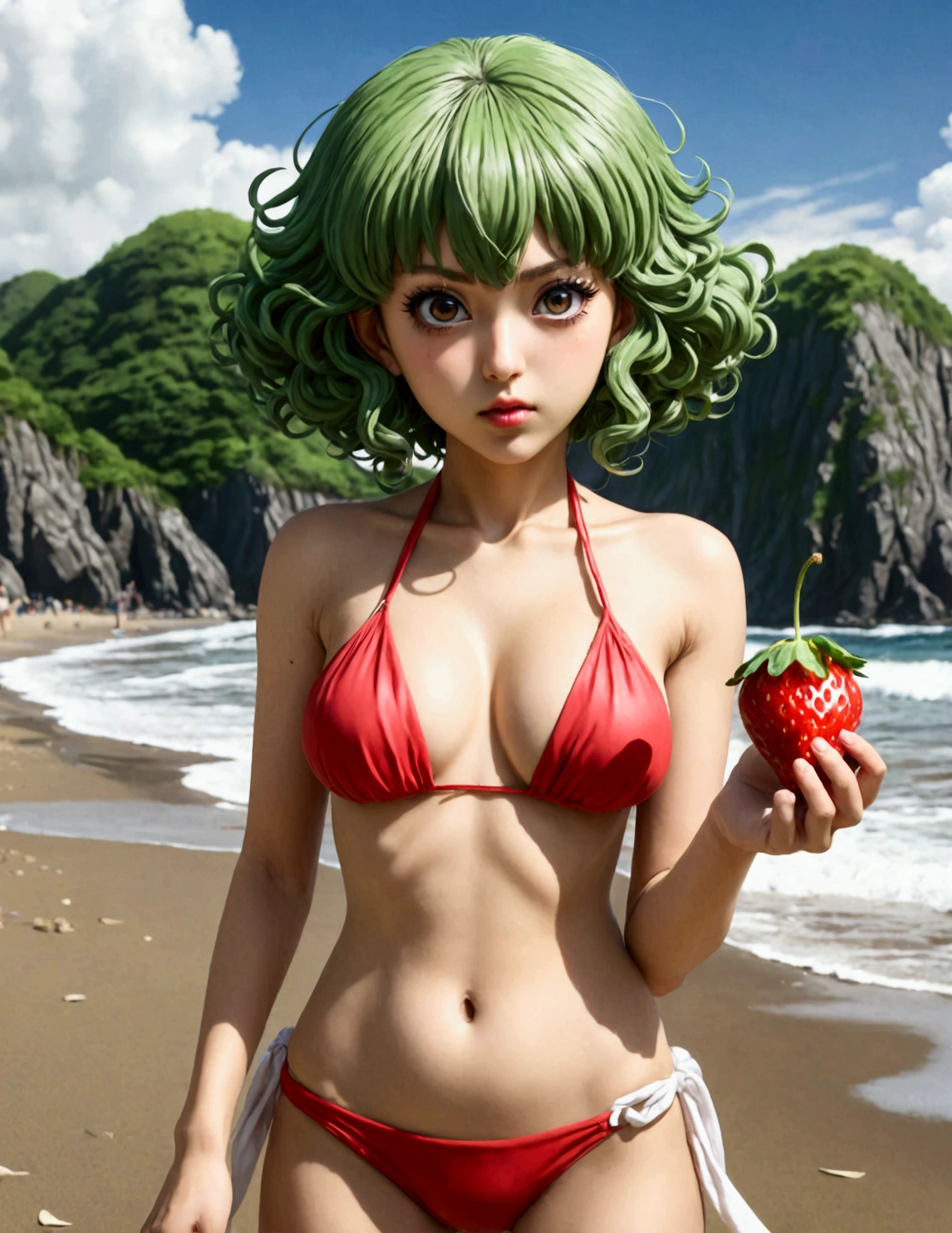 One Punch Man Tatsumaki (hyper realistic, age 17, big eyes, sexy 2 piece bikini) looking disappointed at viewer, holding one strawberry. beach, japan