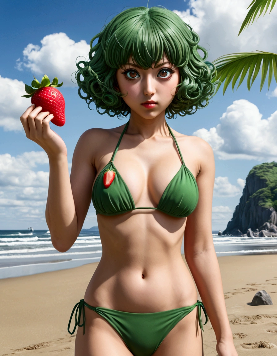 One Punch Man Tatsumaki (hyper realistic, age 17, big eyes, sexy 2 piece bikini) looking disappointed at viewer, holding one strawberry. beach, japan
